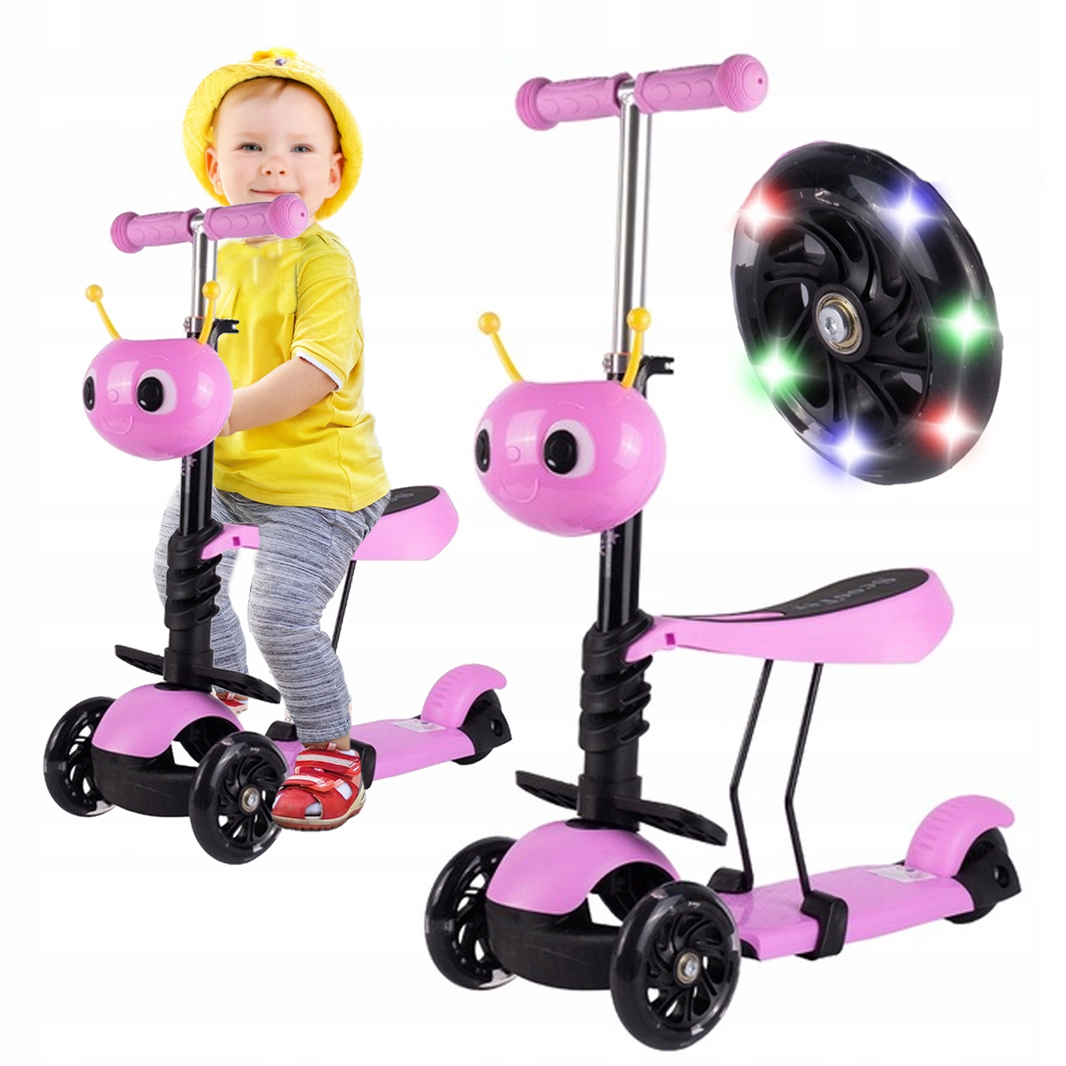 Hulajnoga Dla Dzieci Trójkołowa Balansowa Regulowana z Siedzeniem Koła Led