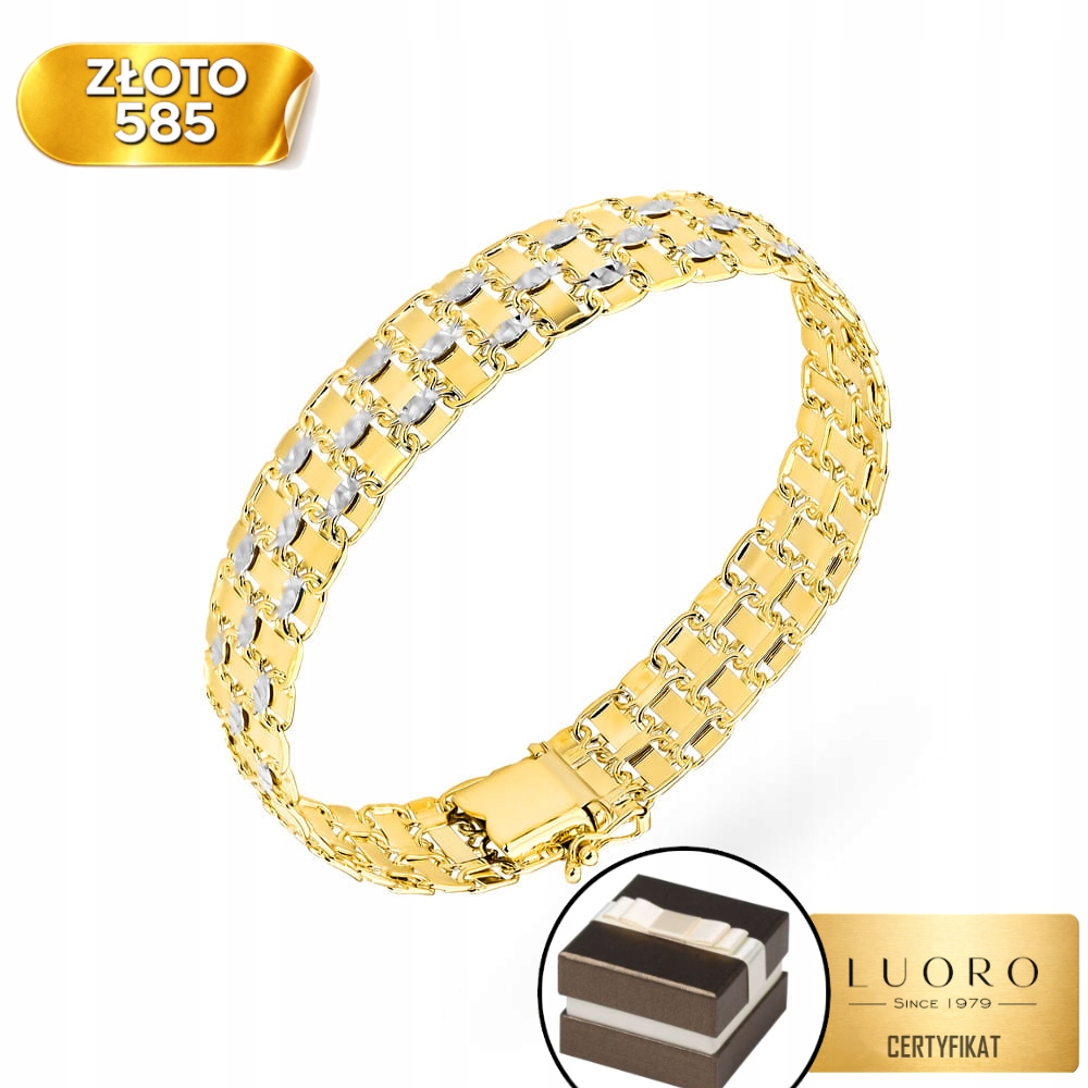 Zlatý Náramek 585 14K Piatto S Diamantem, Široký 21 CM, Elegantní