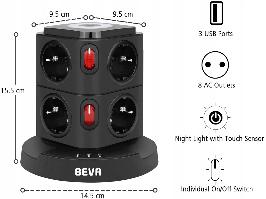LISTWA PRZEPIĘCIOWA ZASILAJĄCA OCHRONNA 11w1 8 GNIAZDEK + 3 USB LAMPKA LED Liczba gniazd 8