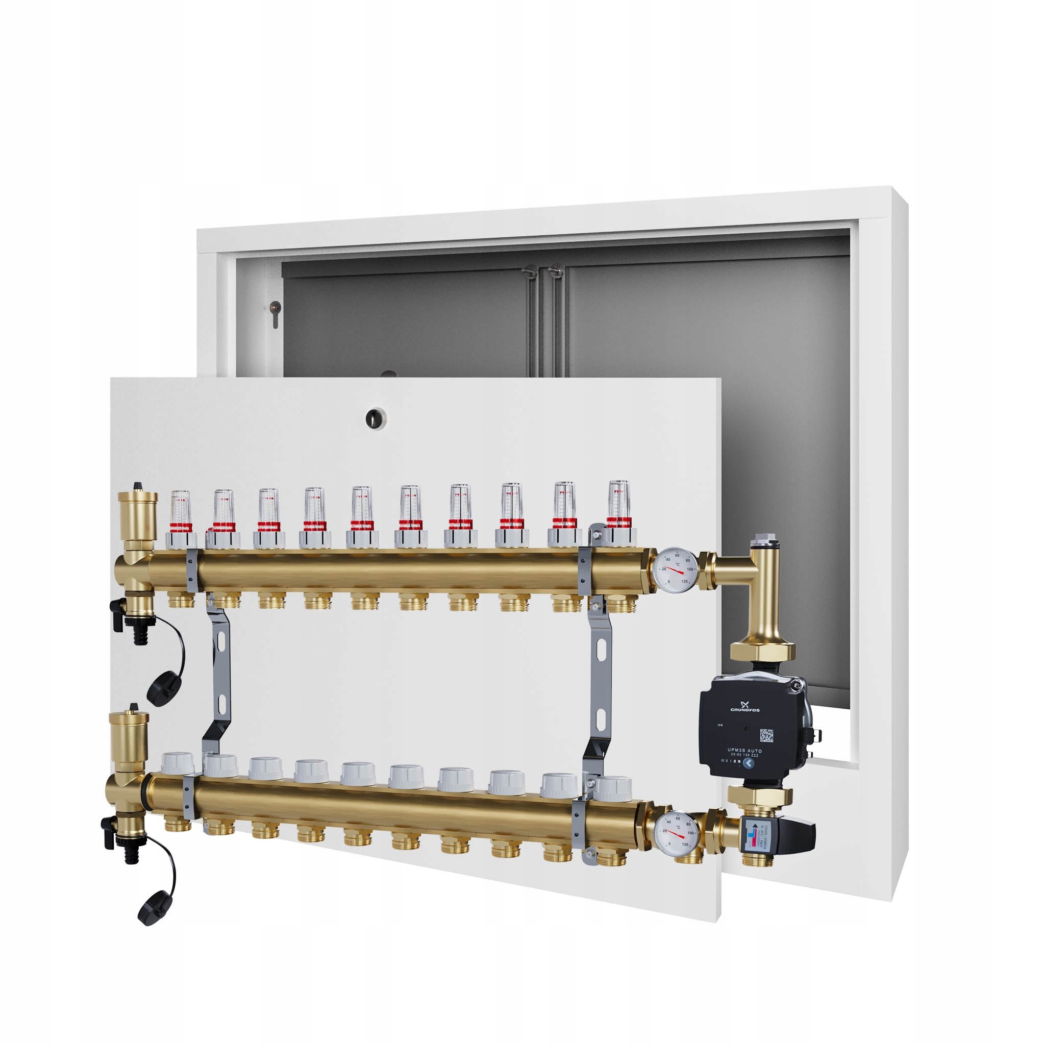 Rozdělovač pro podlahovku 10 s čerpací skupinou Grundfos nástěnný box