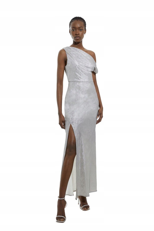 Srebrna Metaliczna Sukienka Maxi Rozcięcie Na Jedno Ramię Karen Millen 40