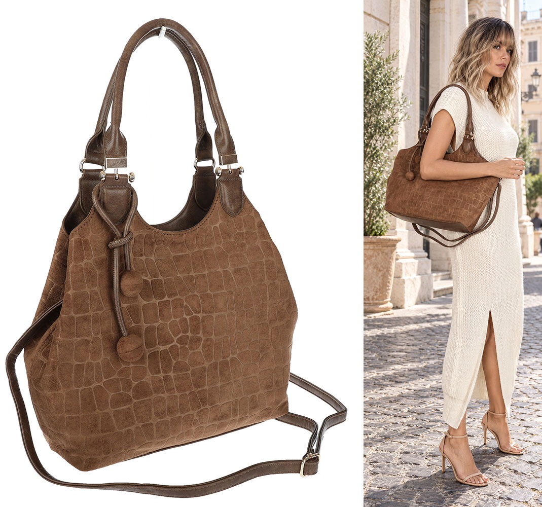 Dámská shopper kabelka prostorná semišová módní taška přes rameno CC09 Hnědá