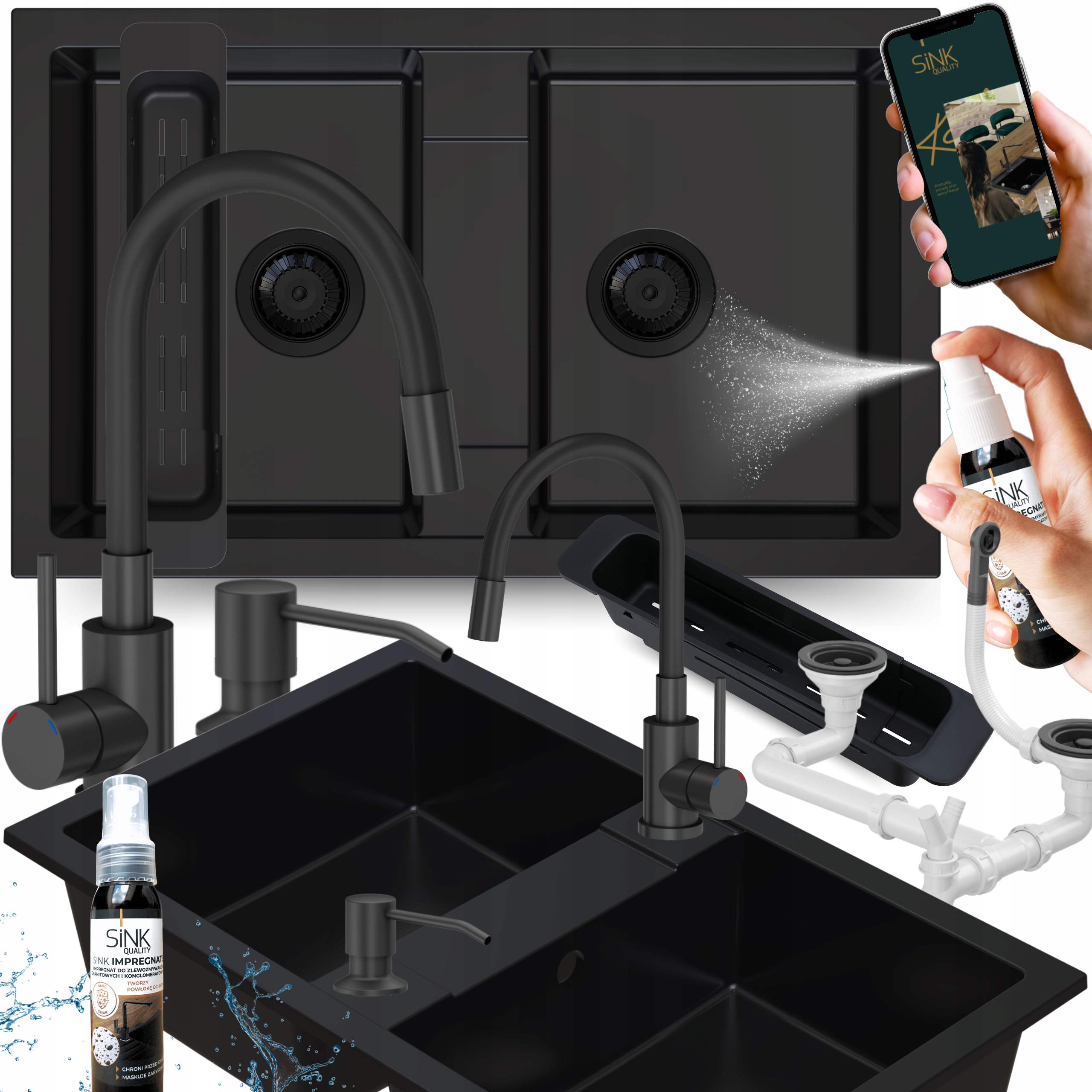 Dvojkomorový Granitový Drez Čierny s kuchynskou batériou a dávkovačom Syfon