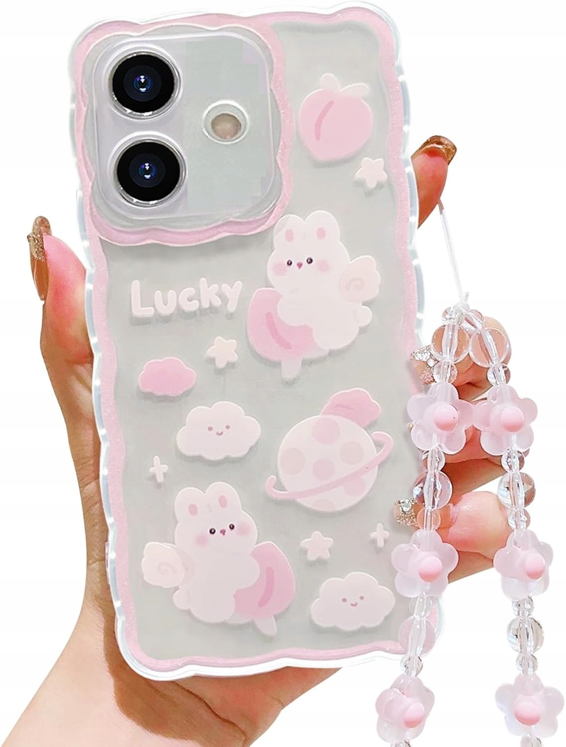 Hzlfczl etui silikonowe do iPhone 16 bezbarwno różowe zawieszka Dudu Bubu