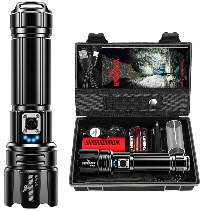 Bardzo mocna taktyczna latarka Zoom Uv Usb-c Powerbank IP67 czarna