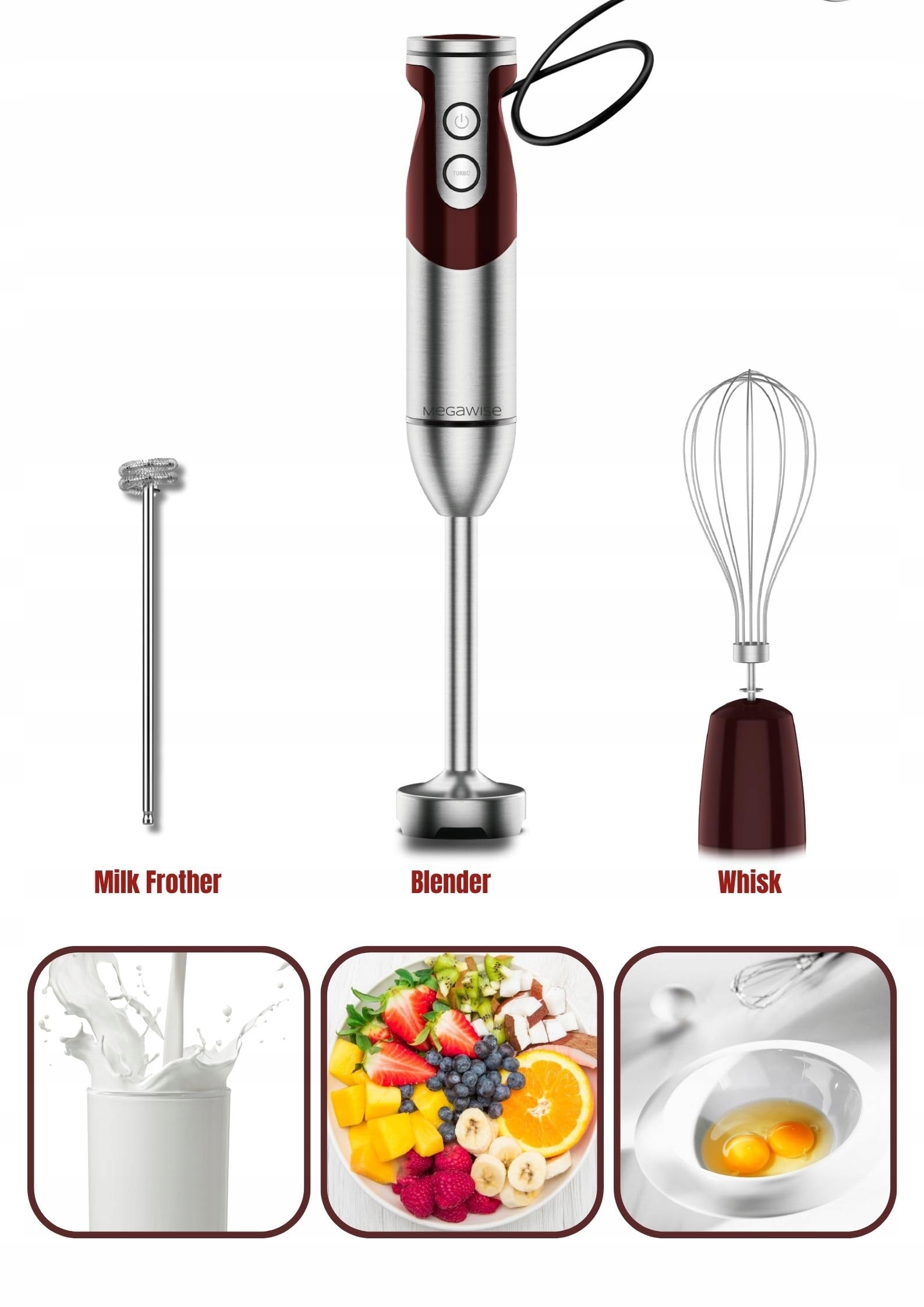 MEGAWISE Blender Ręczny 3w1 12 Prędkości Trzepaczka Spieniacz Czerwony — miniatura 3