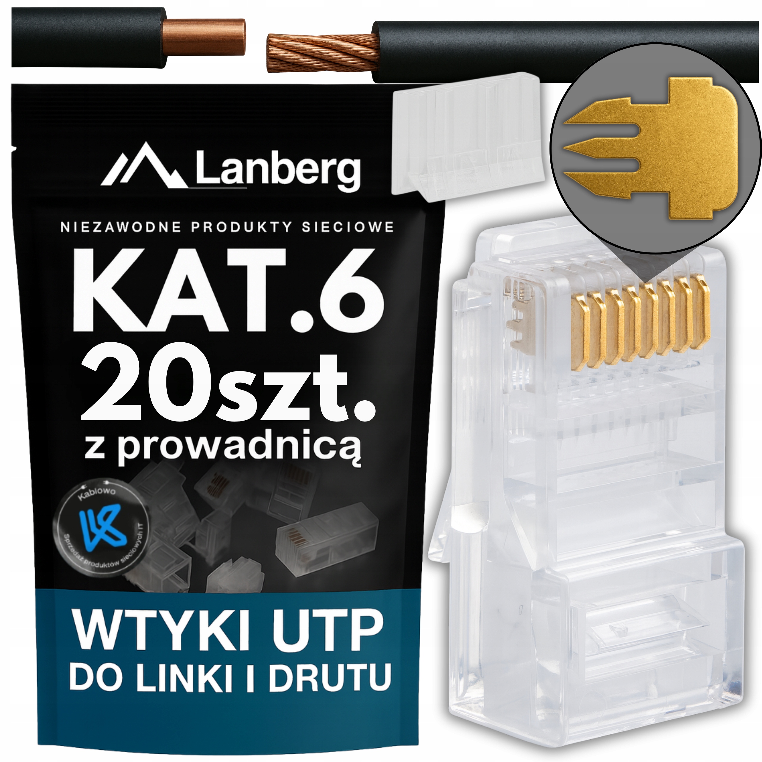 Wtyk RJ45 Sieciowe Linka Drut Końcówki Z Prowadnicą 20SZT Utp KAT.6 Lanberg
