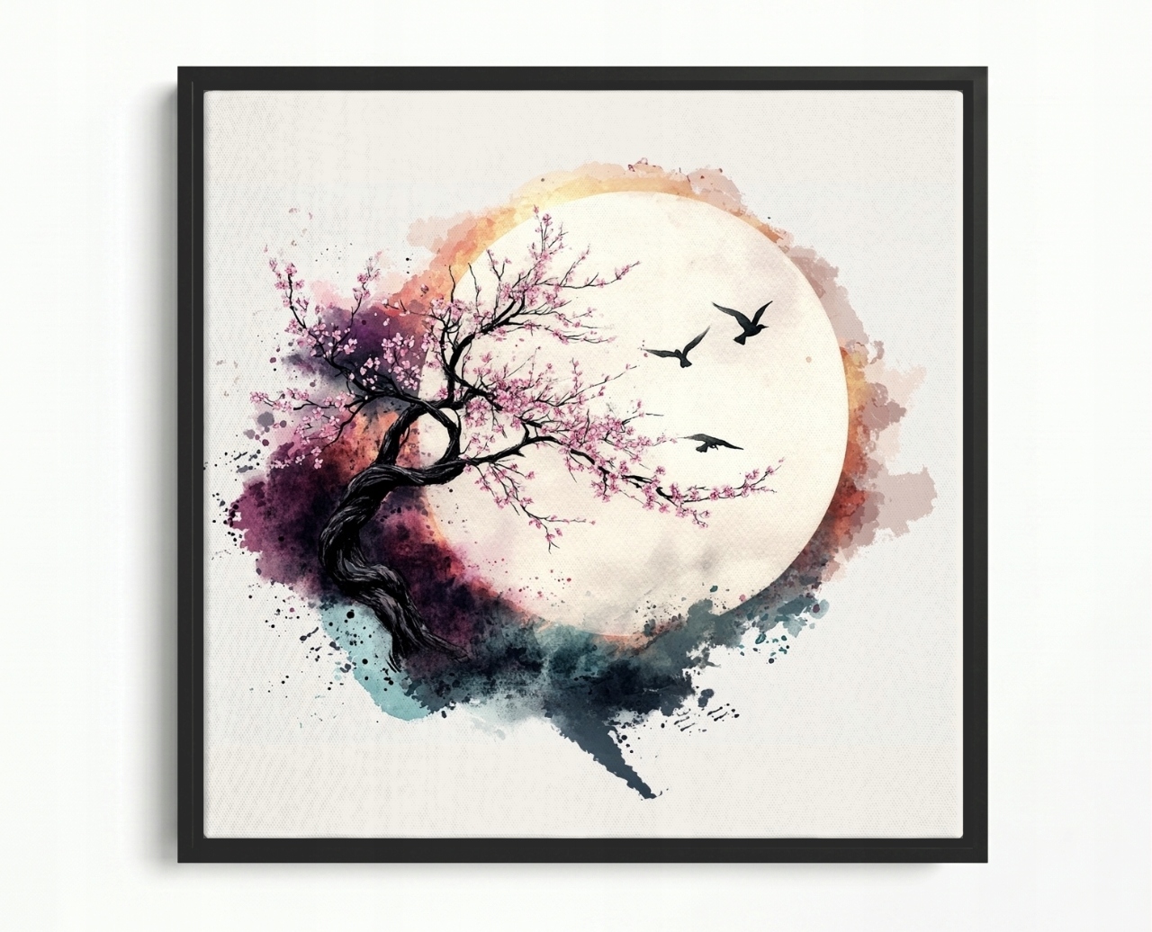 Obraz Rám American Box Grafika Měsíc Ptáci Višeň Sakura Japandi 50x50