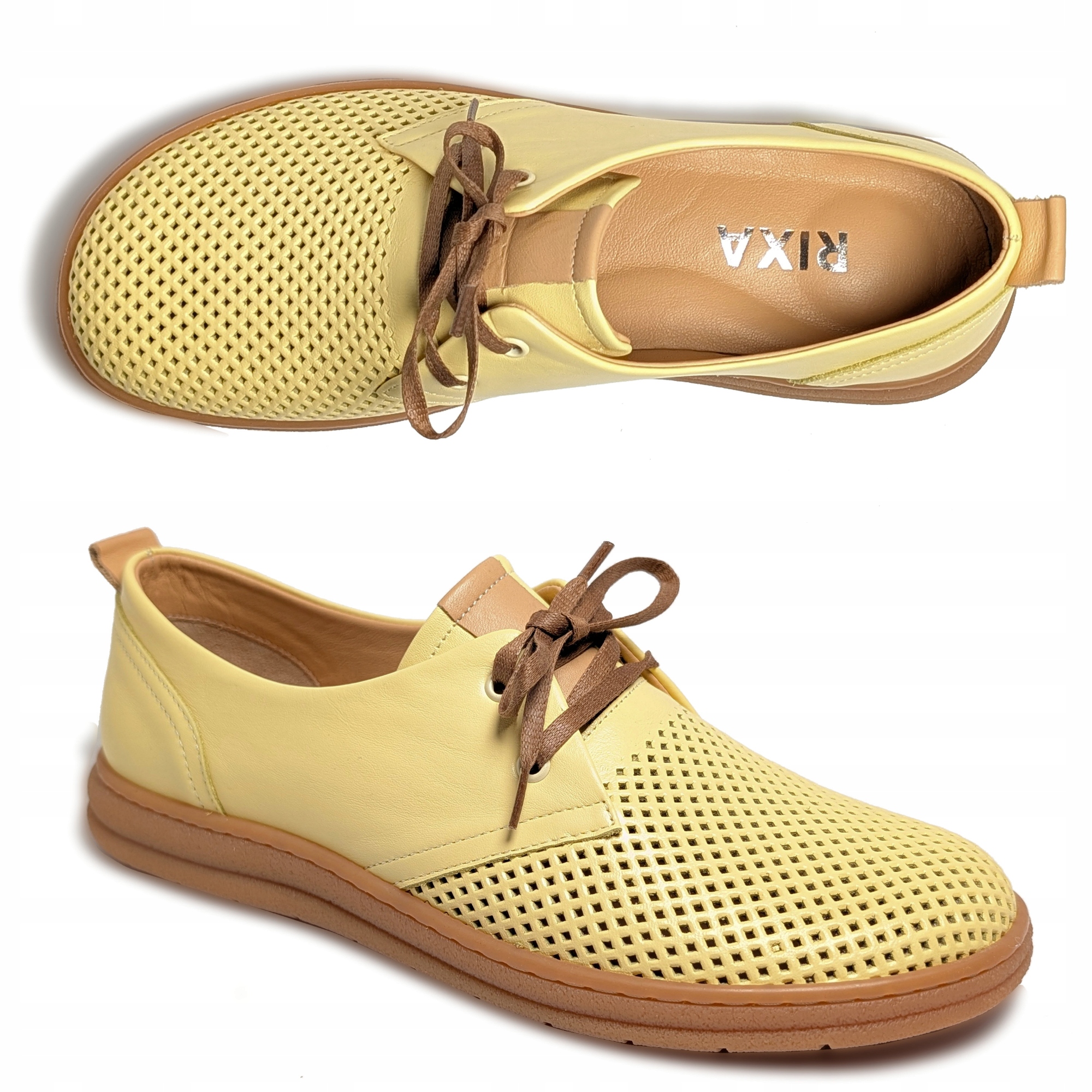 Żółte ażurowe półbuty damskie ze skóry Barefoot Rixa r38