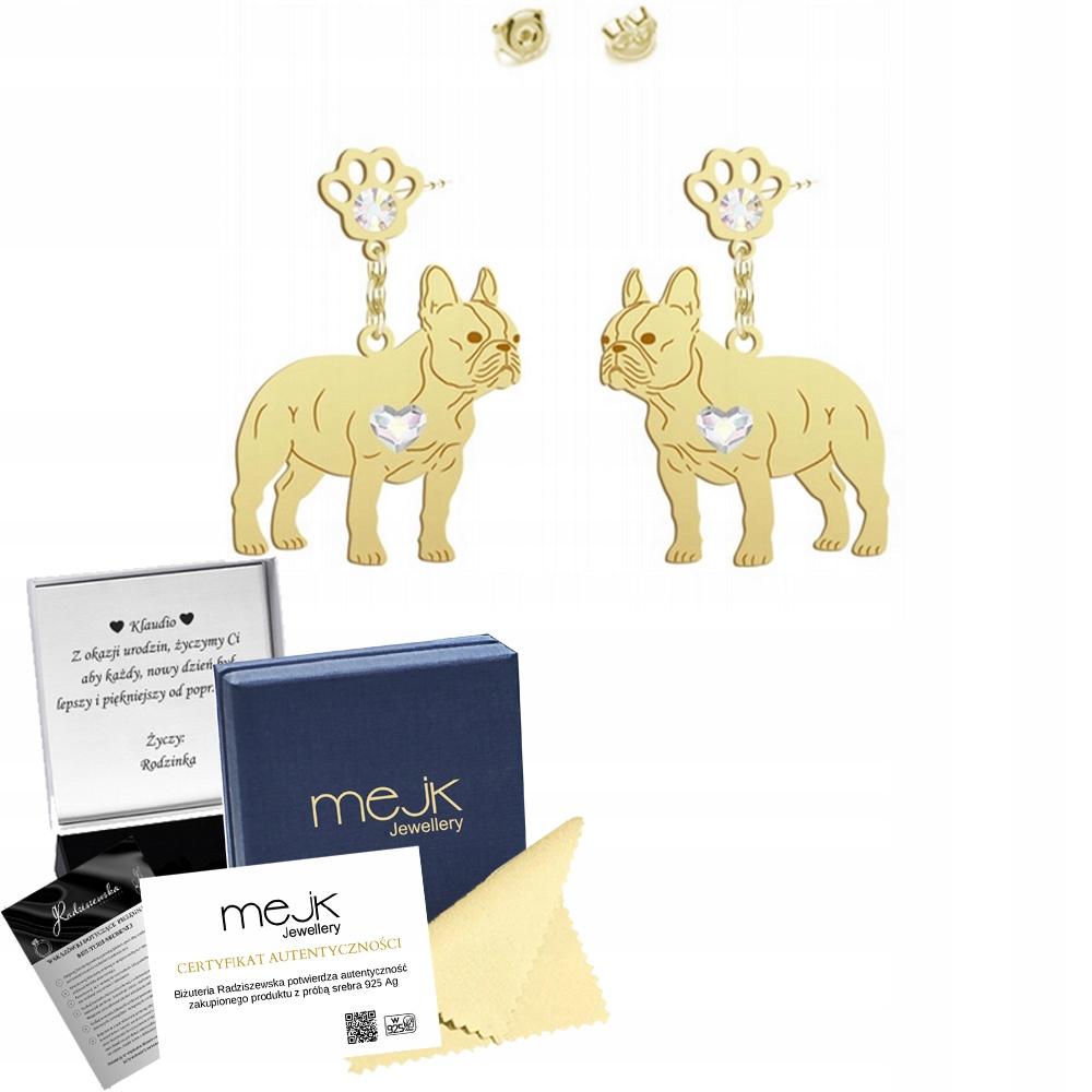 Náušnice Francouzský zlatý buldoček 925 Dárek Šperky Gravírování Bonus