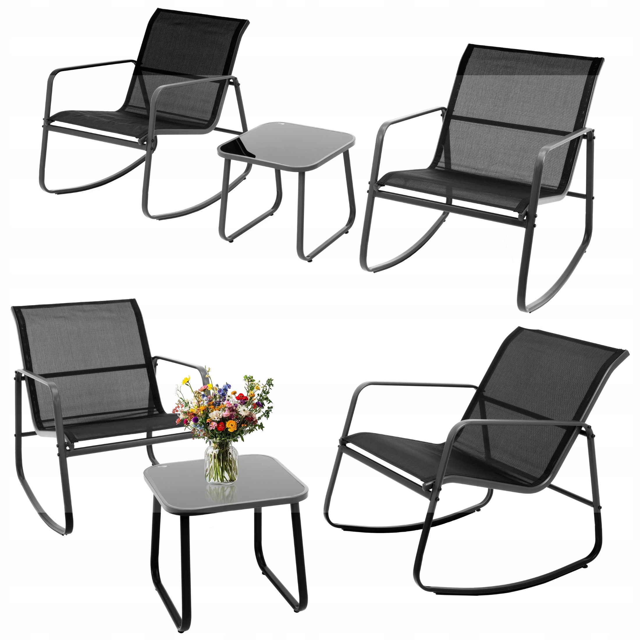 Sada záhradného nábytku 2 kreslá stoličky Hojdacie textilné stolíky Sklenená