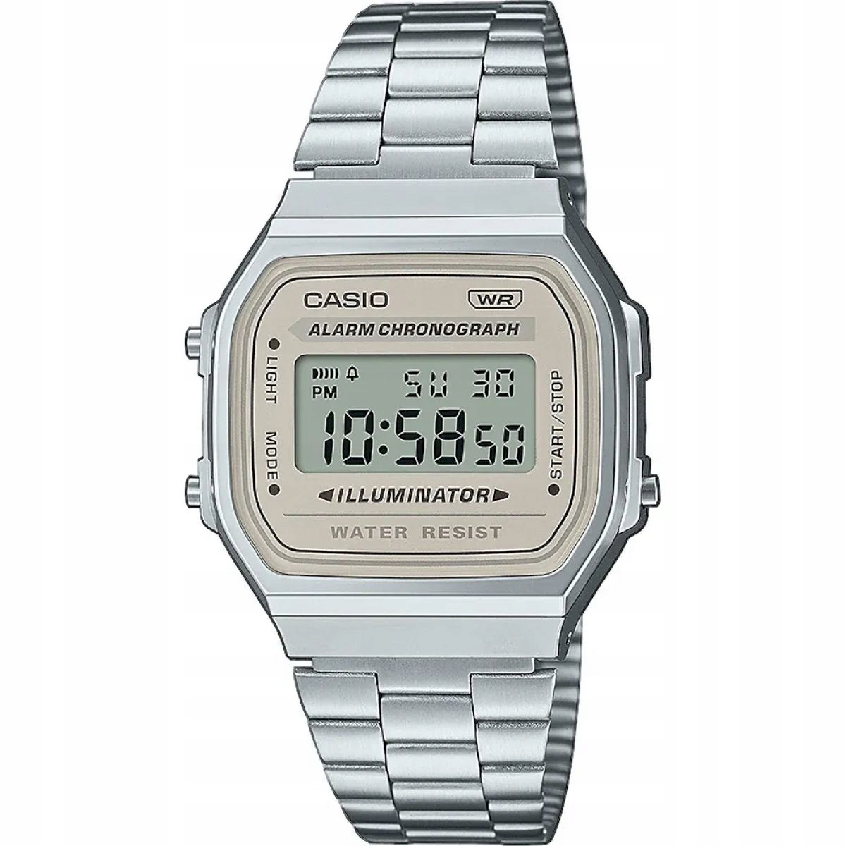Stříbrné hodinky Casio Vintage s béžovým rámečkem A168WA-8AYES v retro stylu