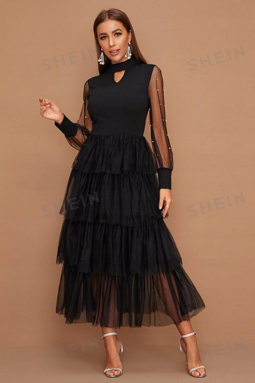 Zdobená Tylová Koktejlová Šaty S Perlovými Volánky 36 S