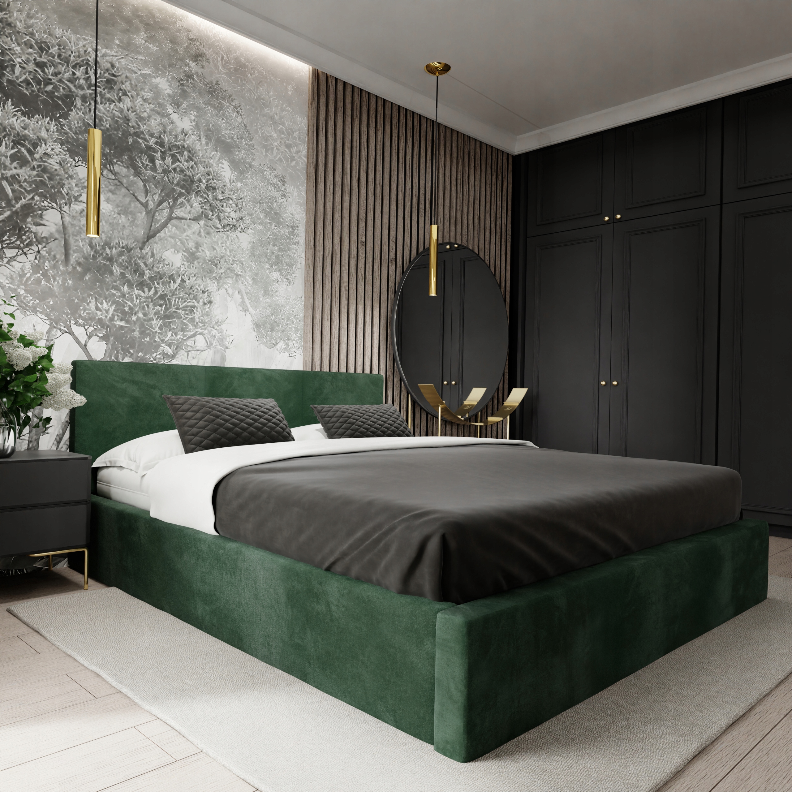 Čalouněná Postel 180x200 Dvoulůžková Postel S Úložným Prostorem Lahvově Zelená Barva