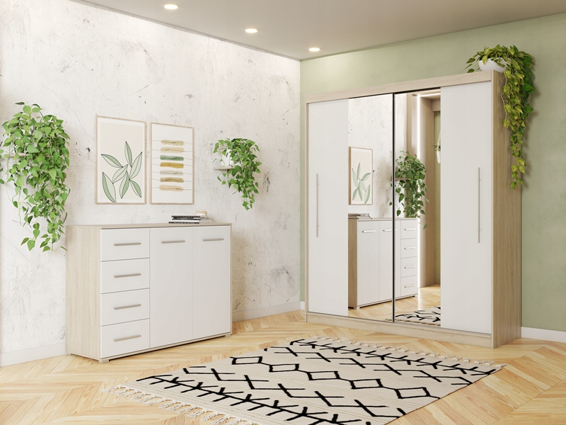 Zestaw szafa przesuwna RICO 200 lustro komoda FRIDA szuflady KOLORY PREMIUM Wysokość mebla 218 cm