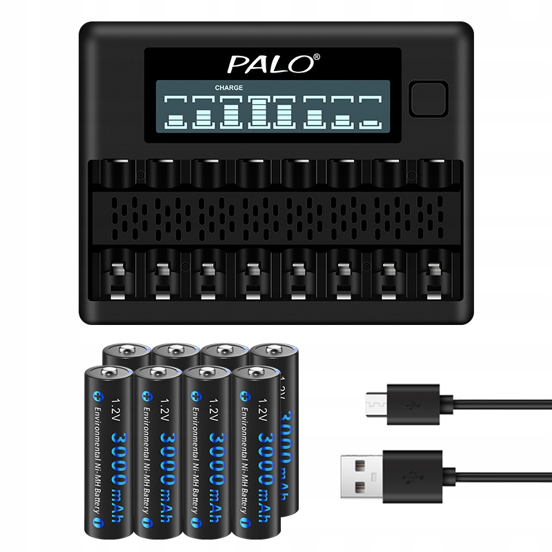 4x Aa Dobíjecí Baterie LR06 3000mAh Ni-MH a 8-Slotová LCD Nabíječka