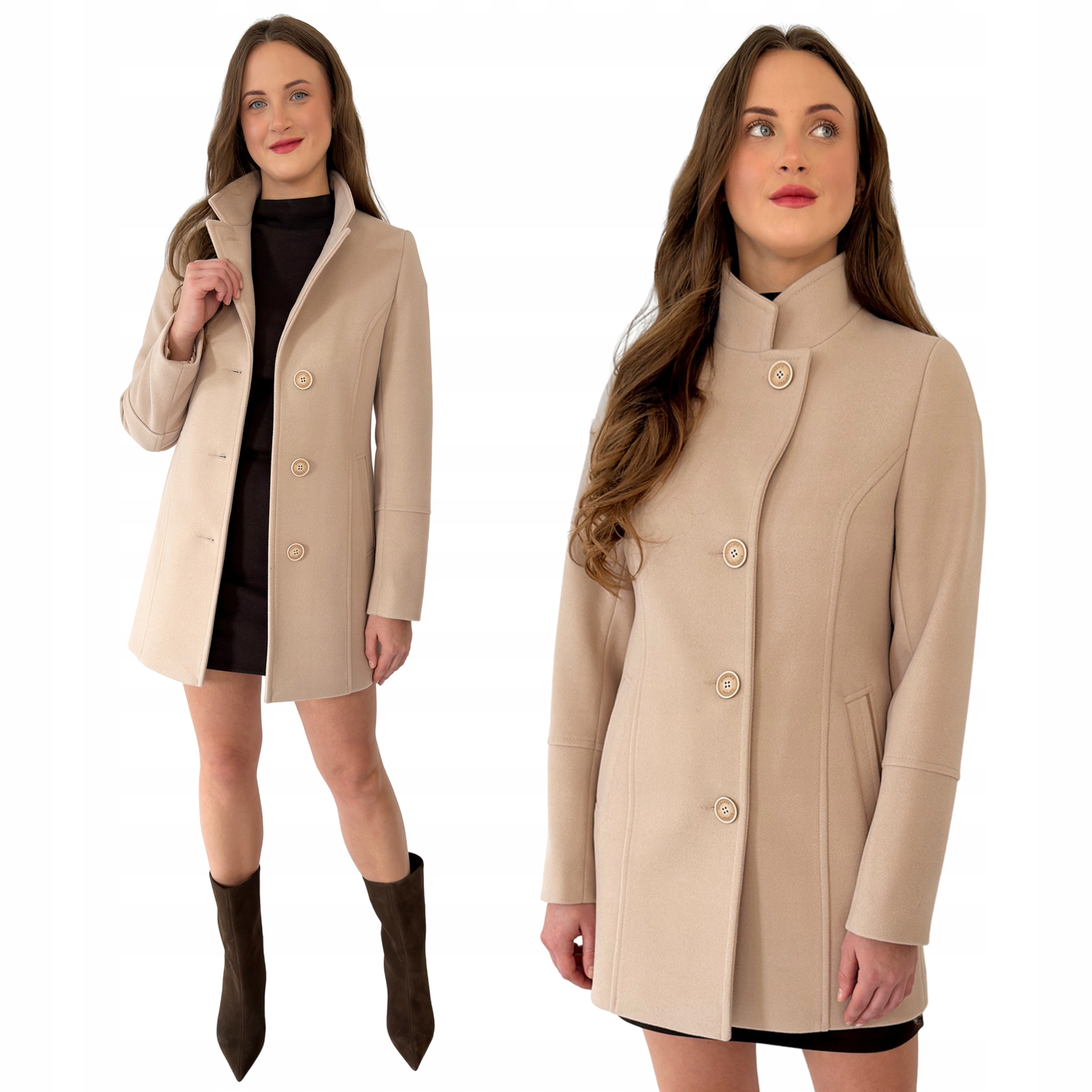 Dámský jednořadý jarní kabát s se stojáčkem a vlnou Nina, světle béžový, Estodo