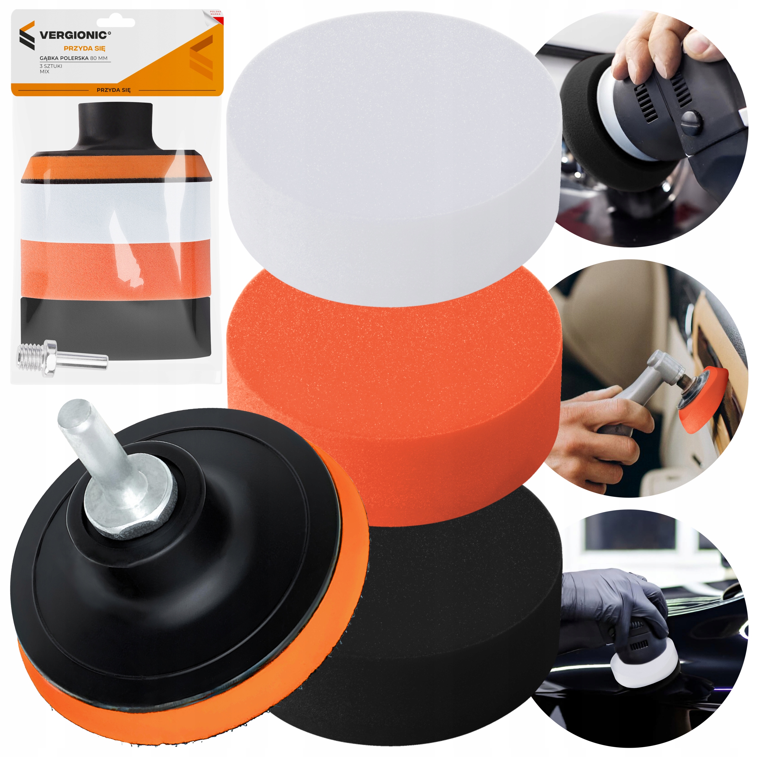 3 SZT. GĄBEK POLERSKICH NA WIERTARKE PADY 80MM + DYSK+ M14