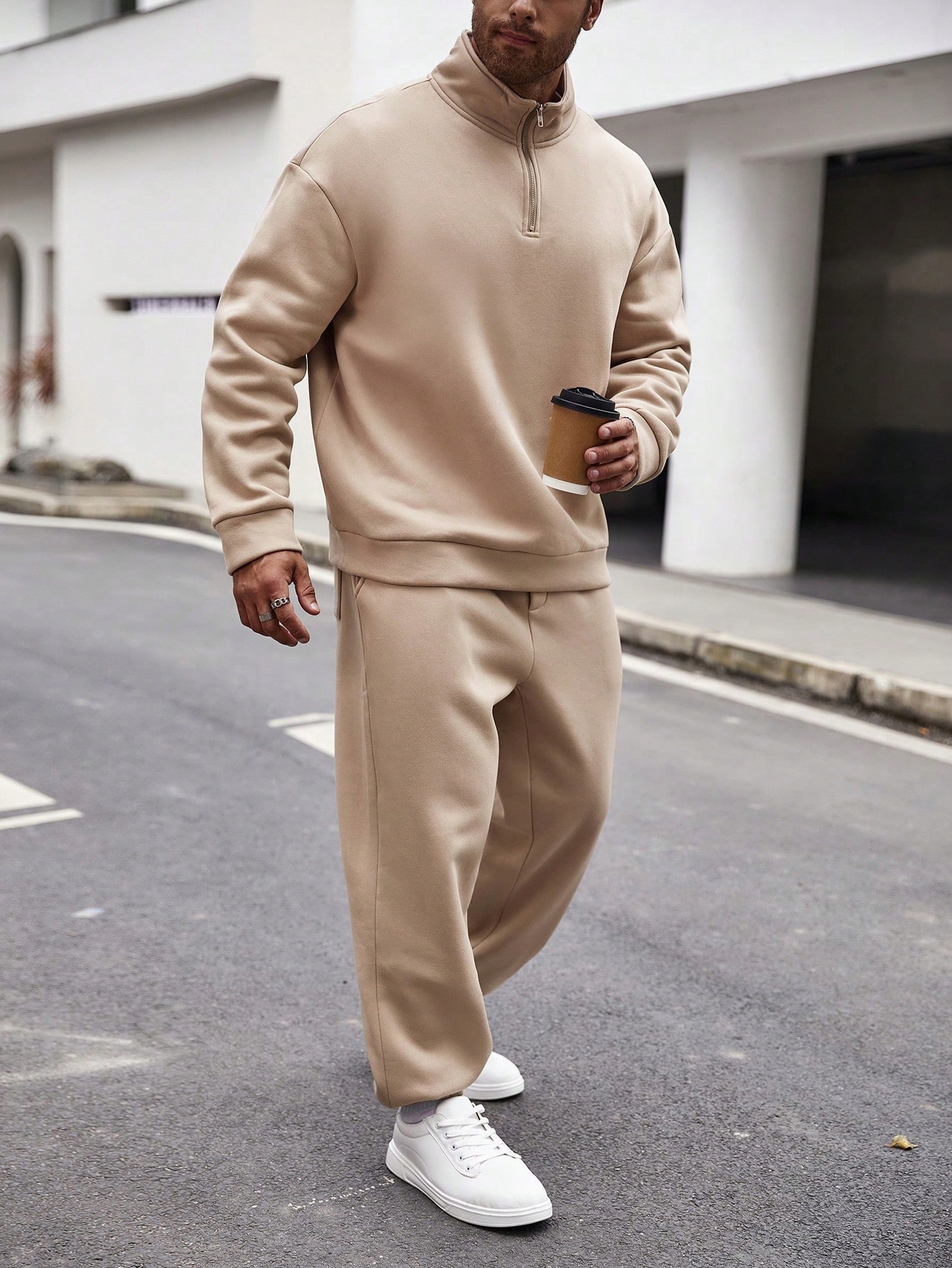 Teplákovka Pánský Zateplený Komplet Béžový Se Zipem Stojáček Casual Shein XXL