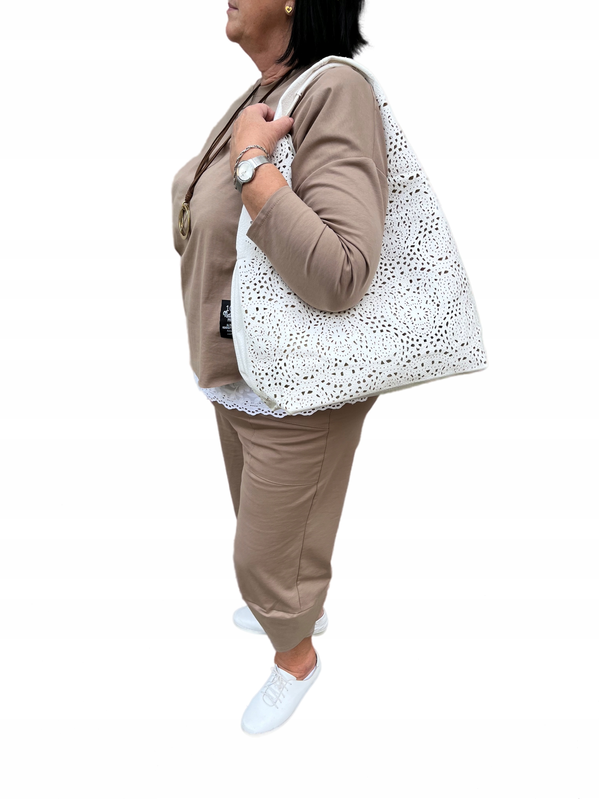 BIAŁA AŻUROWA TOREBKA DAMSKA WOREK SHOPPER MODNA WŁOSKA TORBA WZOREK Styl miejski