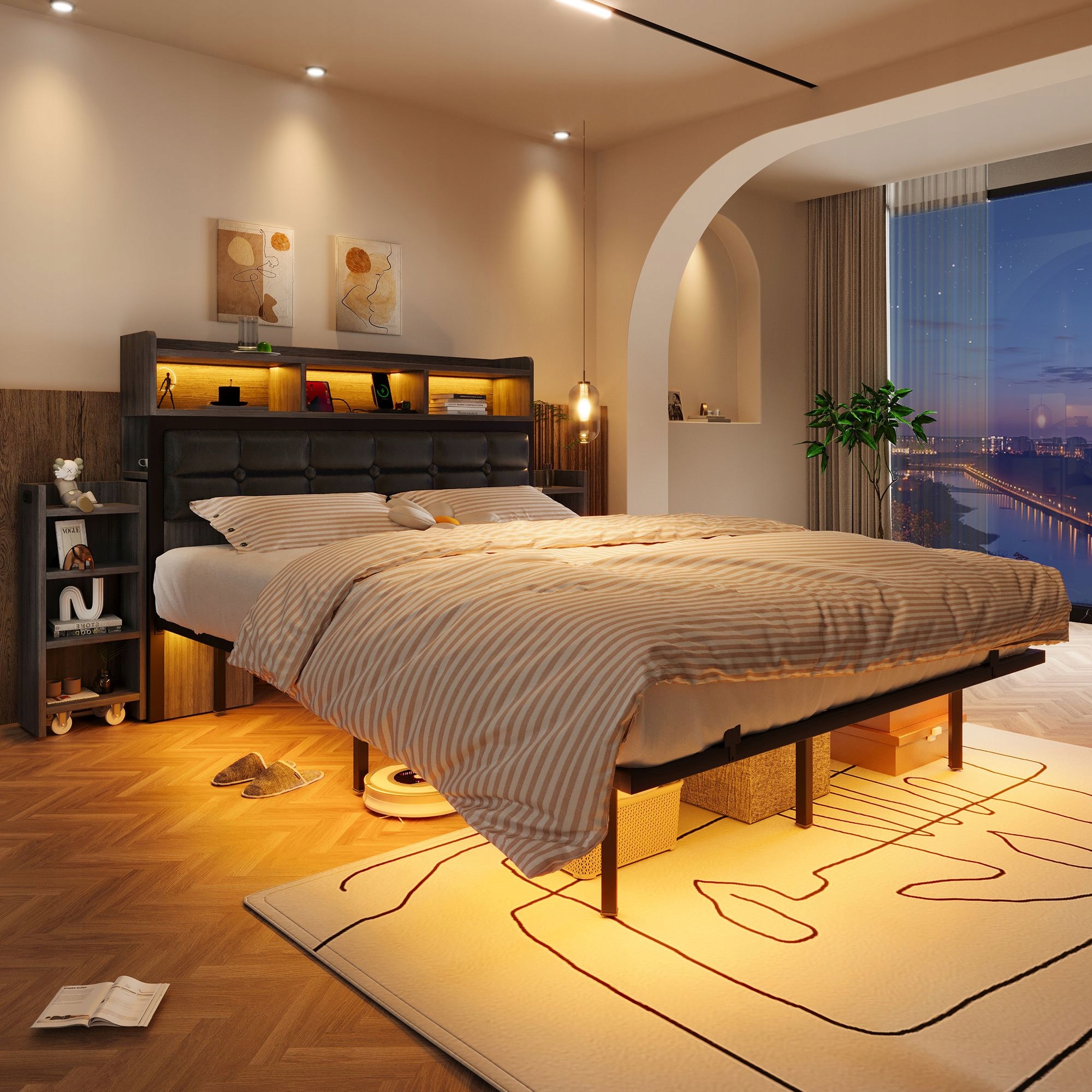 Čalouněná postel Dvojlůžko 140x190 m Usb C Led noční stolek šedý