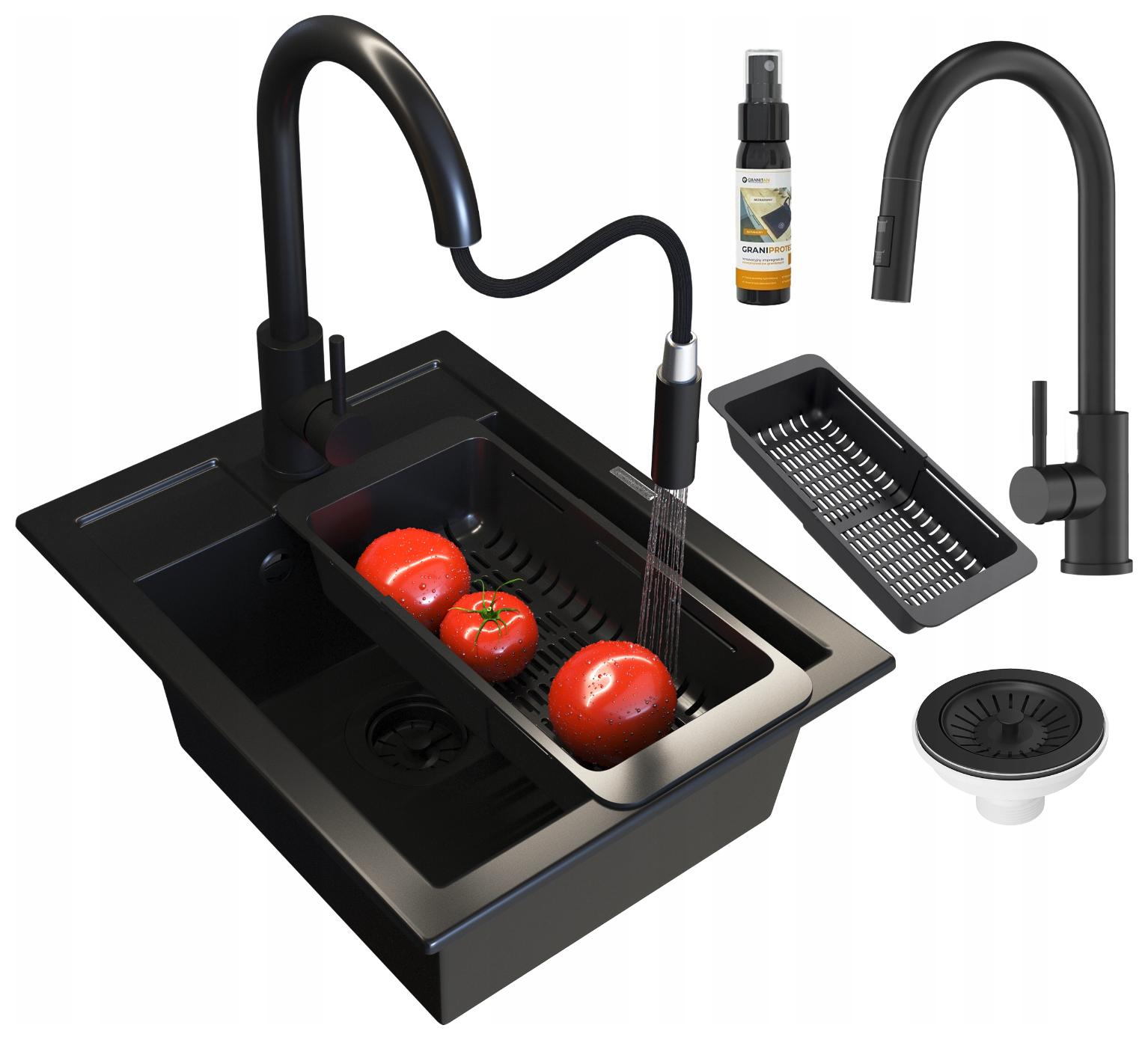 Granitový dřez Best černý, sada baterií Loseto, sifon, odkapávač