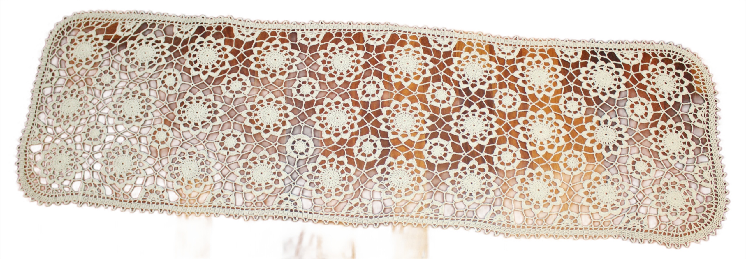 Háčkovaný Serveta 142 x 42 cm bílá, obdélníkový běhoun, ruční práce, ruční výroba