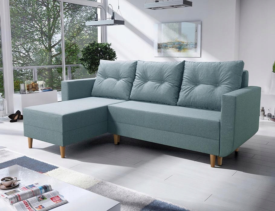 Skandinávský rohová sedací souprava balkon s funkcí spaní v mátové barvě.