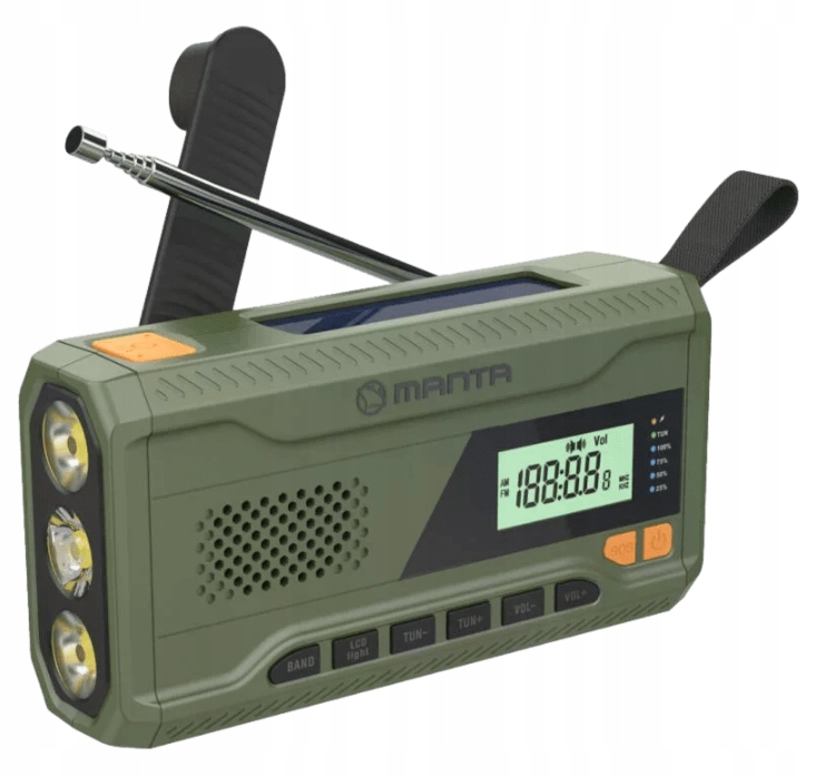 Manta RDI401G Na korbkę, Solarne, Latarka, Powerbank, Radio FM Zielony