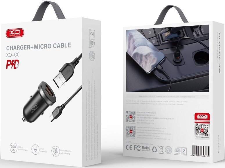 Szybka Ładowarka Samochodowa 30W CC56 USB USB - C + kabel Micro USB 1m Producent XO
