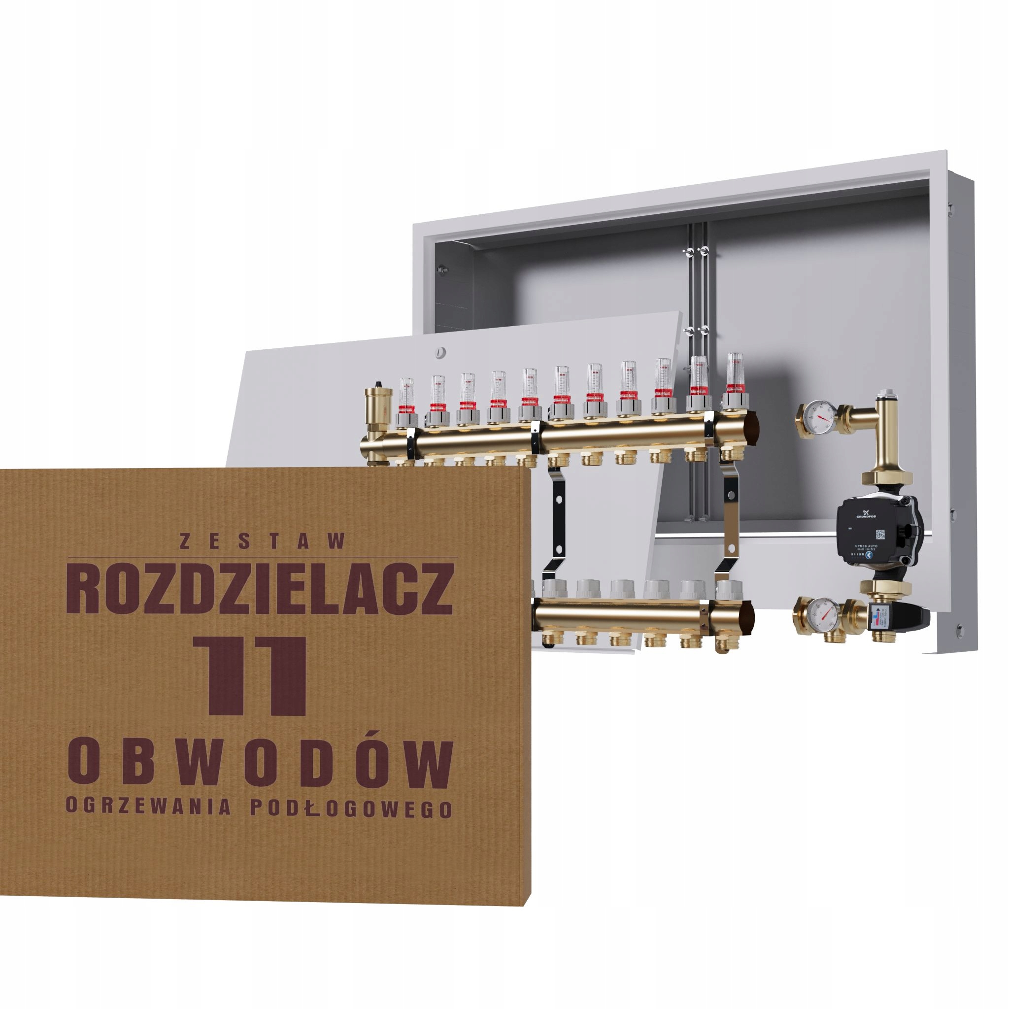 Rozdělovač pro podlahu 11 okruhů se skupinou Grundfos podomítková skříňka