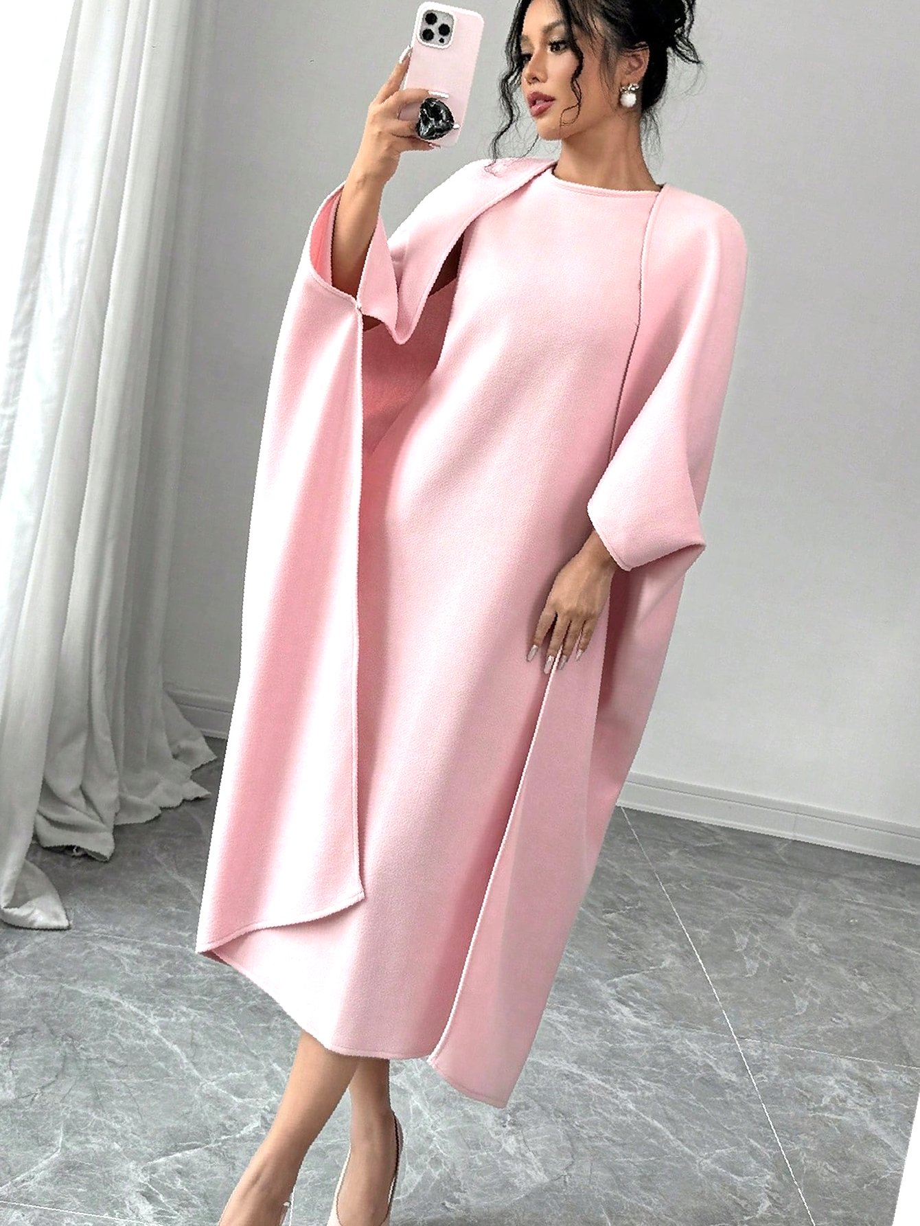 Šaty Růžová Komplet s Kabátem Za Koleno Elegantní M 38