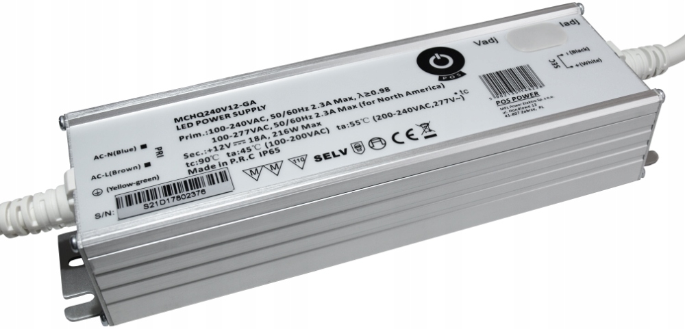 ZASILACZ STAŁONAPIĘCIOWY PRĄDOWY REGULOWANY LED 12V 216W PFC IP65 POS POWER