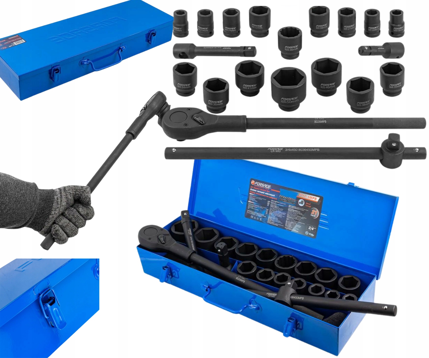 ZESTAW KLUCZY NASADOWYCH UDAROWYCH NASADKI 3/4 21 EL 17-50MM 6-KĄTNE 12-KĄT