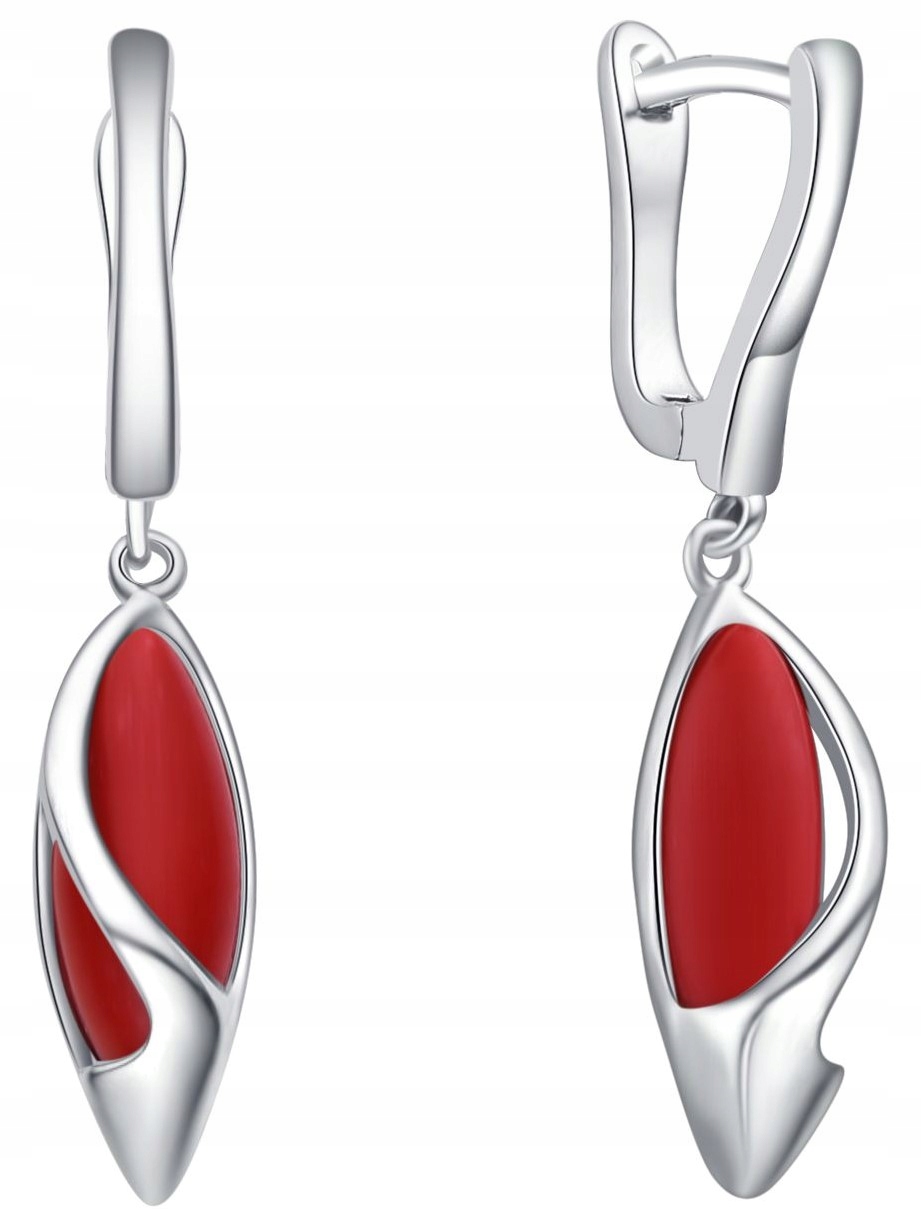 Dlouhé Stříbrné Náušnice Červené Korál Závěsné Náušnice Stříbro O Ryzosti 925