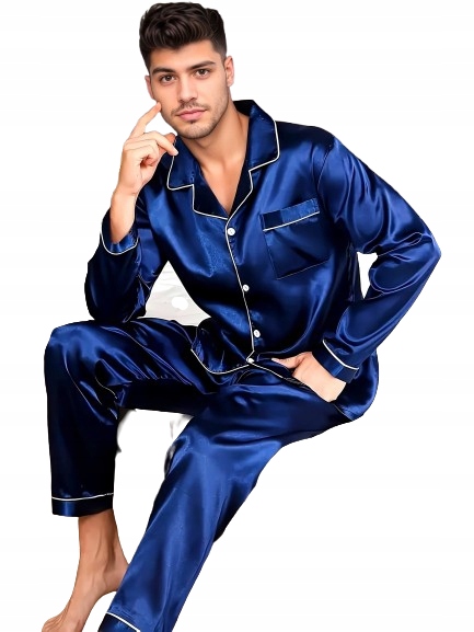 Elegantní Pyžamo Ze Saténu Hedvábný Satén Tmavě Modré Rozepínací Pyžamo M