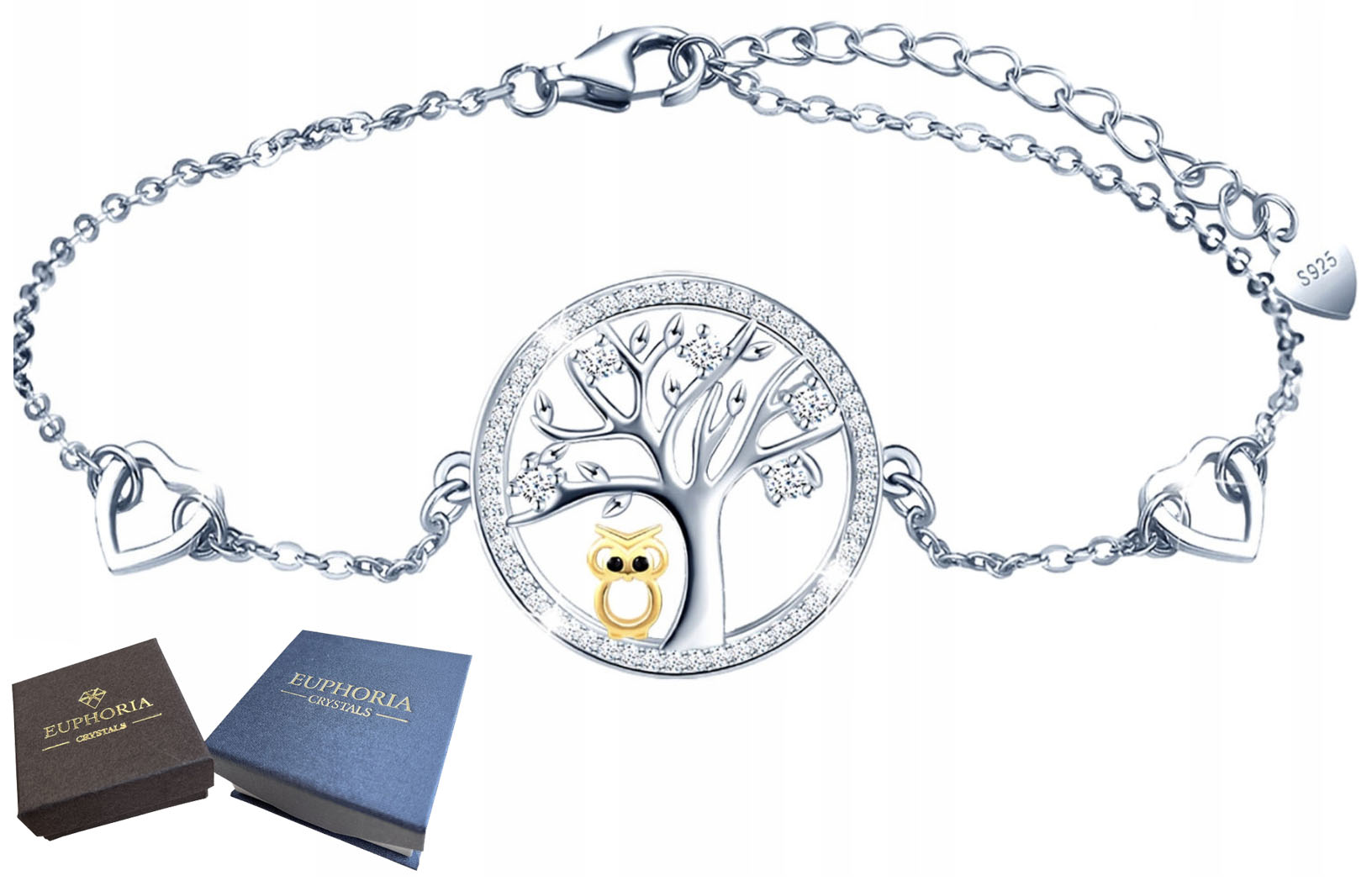 Stříbrný náramek 925 Zirkony Sova a strom Dárek pro maminku Celebrity
