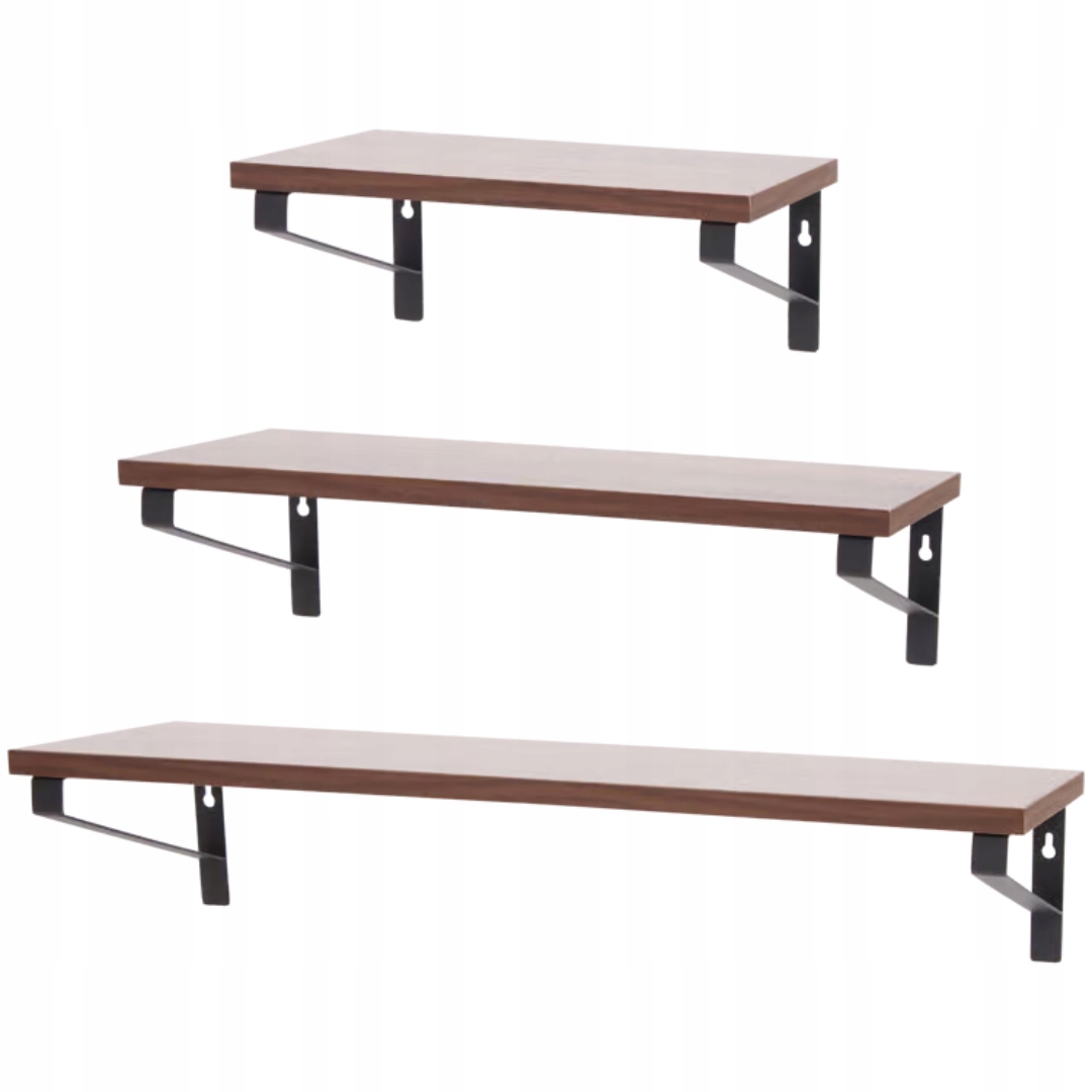 3x závěsná dřevěná police mořená 30 cm 45 cm 60 cm na fotografie Mdf