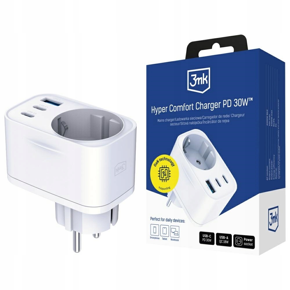 Síťový adaptér 3MK Hyper Comfort Charger 30W 1xUSB-A 2xUSB-C 1xSchu