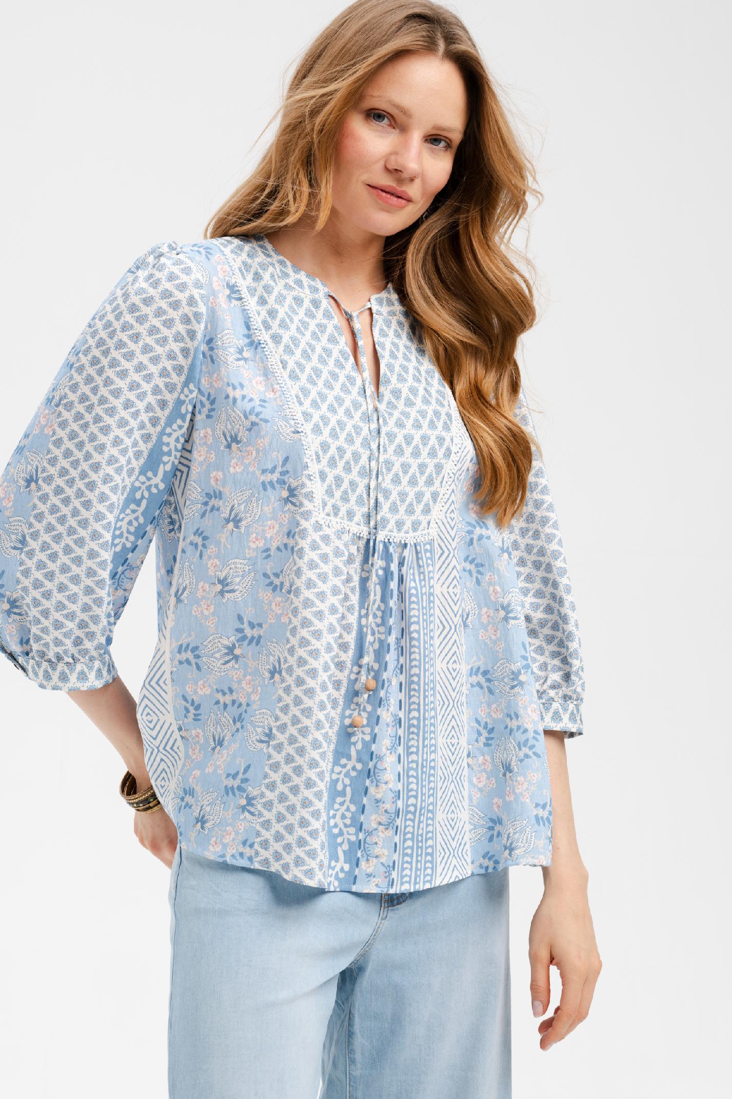 Boho dámská halenka Fani modré květy, blue shadow vel.