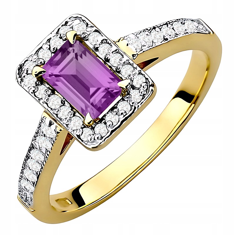 Złoty Pierścionek pr. 585 14k Ametyst 0,50ct i Brylanty 0,22ct Grawer