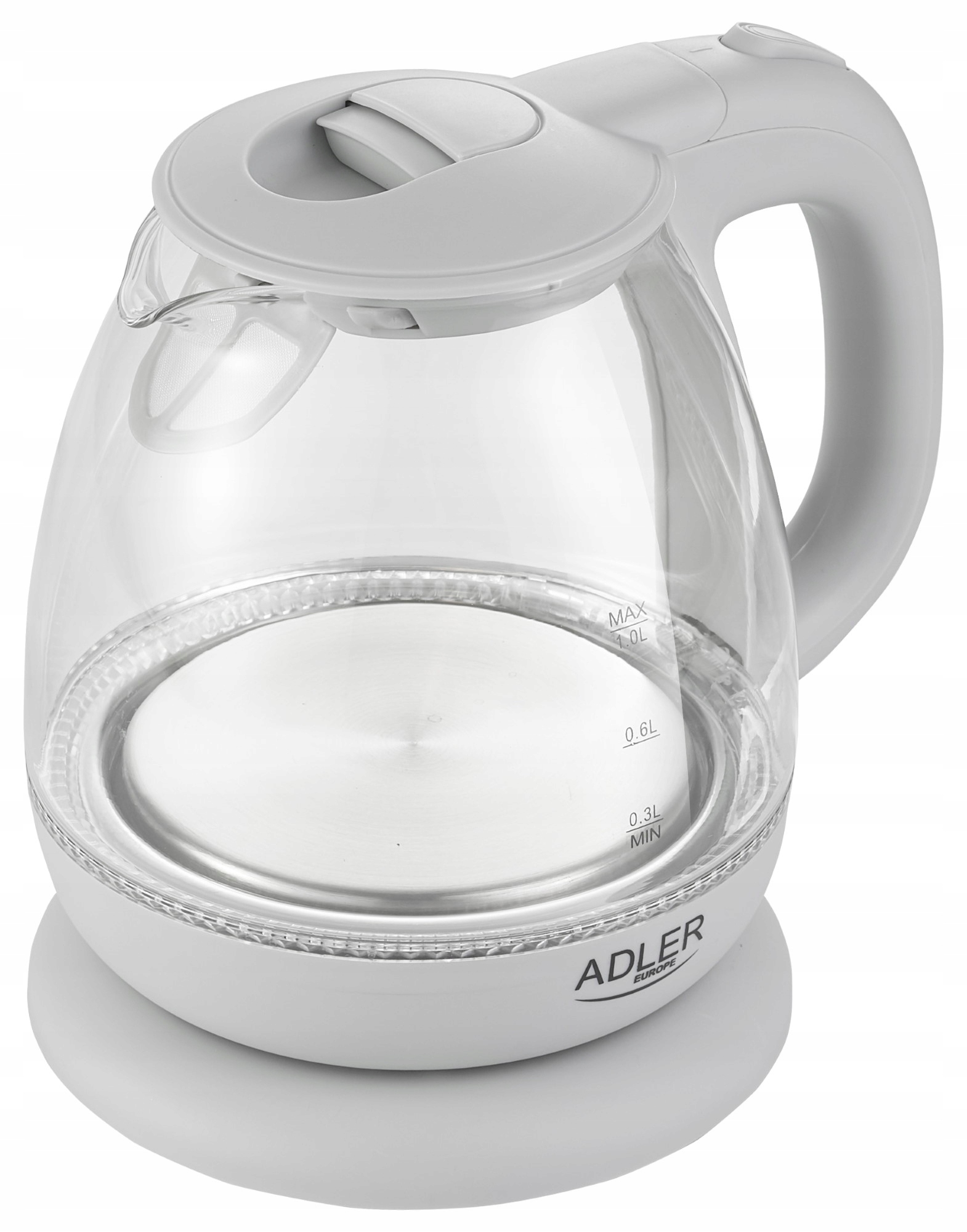 Czajnik Szklany AD 1283 Grey 1,0L Płaska Grzałka LED Obrotowa Podstawa