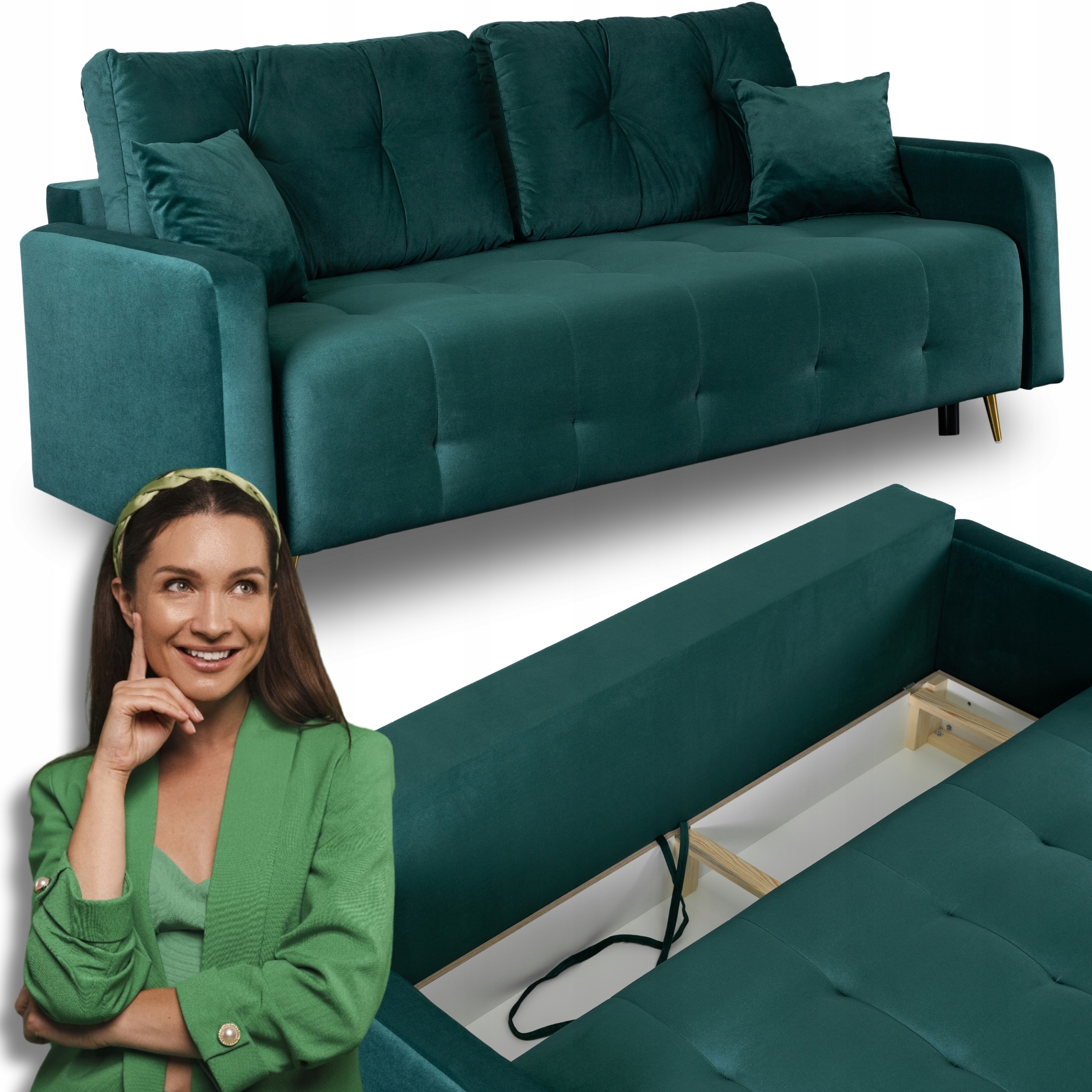 Wersalka Zielona Rozkładana Sofa Kanapa Z Funkcją Spania Dwuosobowa Seul