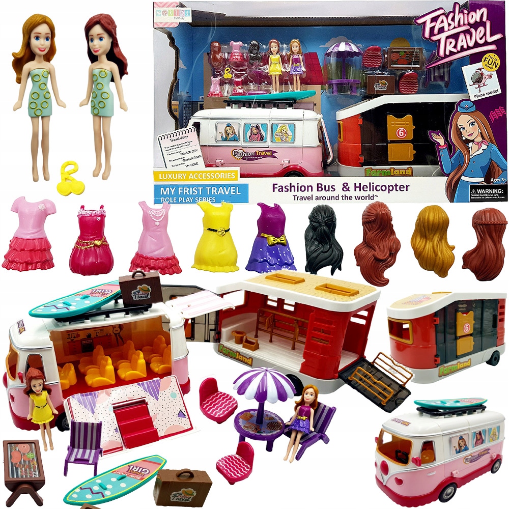 AUTOBUS AUTO DLA LALEK KAMPER MARZEŃ Z PRZYCZEPA OTWIERANY DOMEK FIGURKI