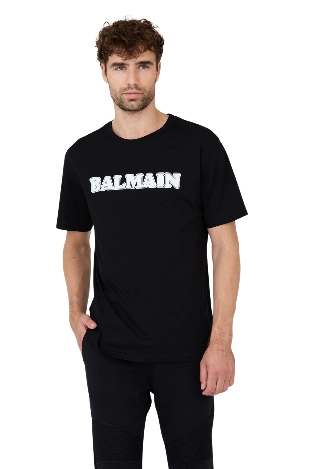 Balmain Czarny męski t-shirt z białym logo Retro Balmain Flock 3XL