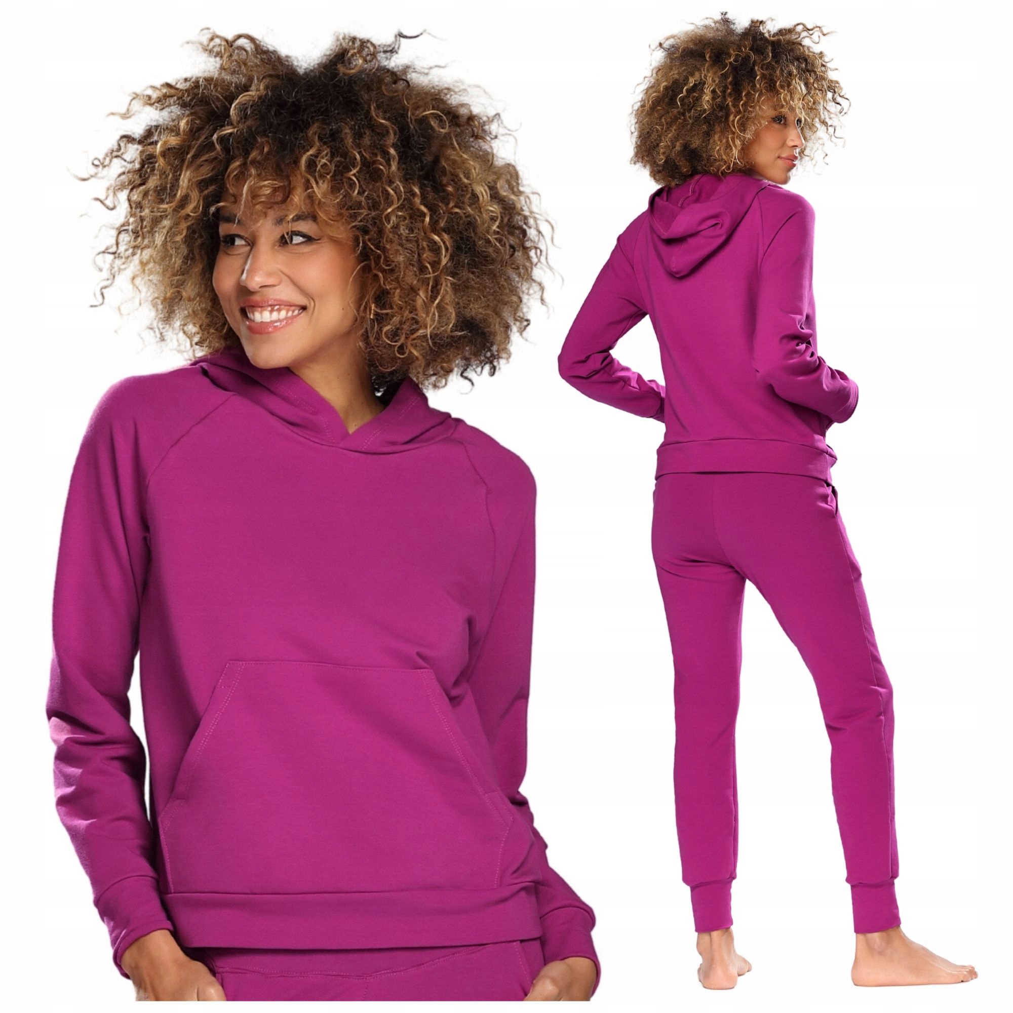 Dres Damski Bluza z Kapturem Oversize Spodnie Dresowe Bawełna M fuksja