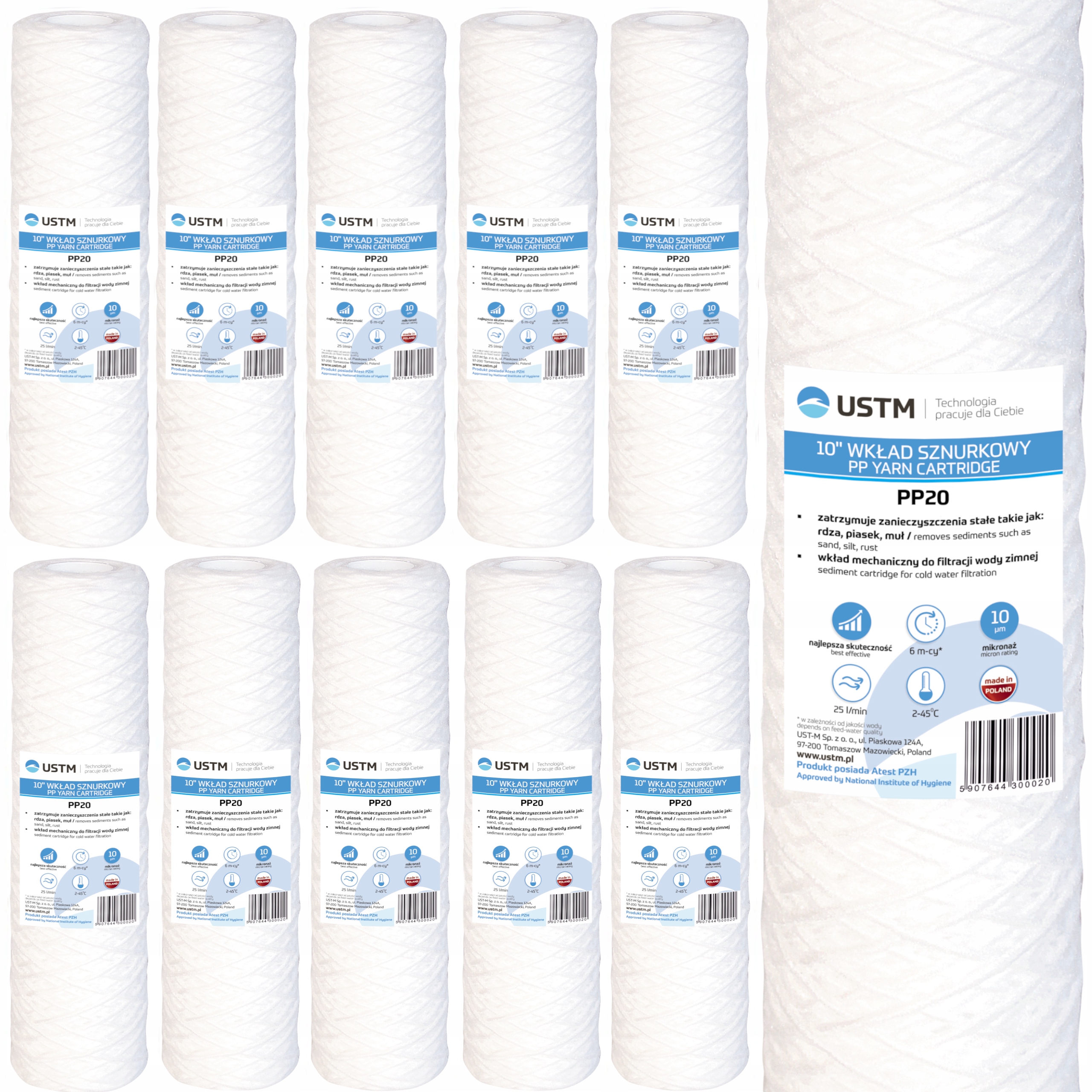 Filtr do wody wkład sznurkowy filtrujący 20 mik PP20 Ustm x 20 sztuk
