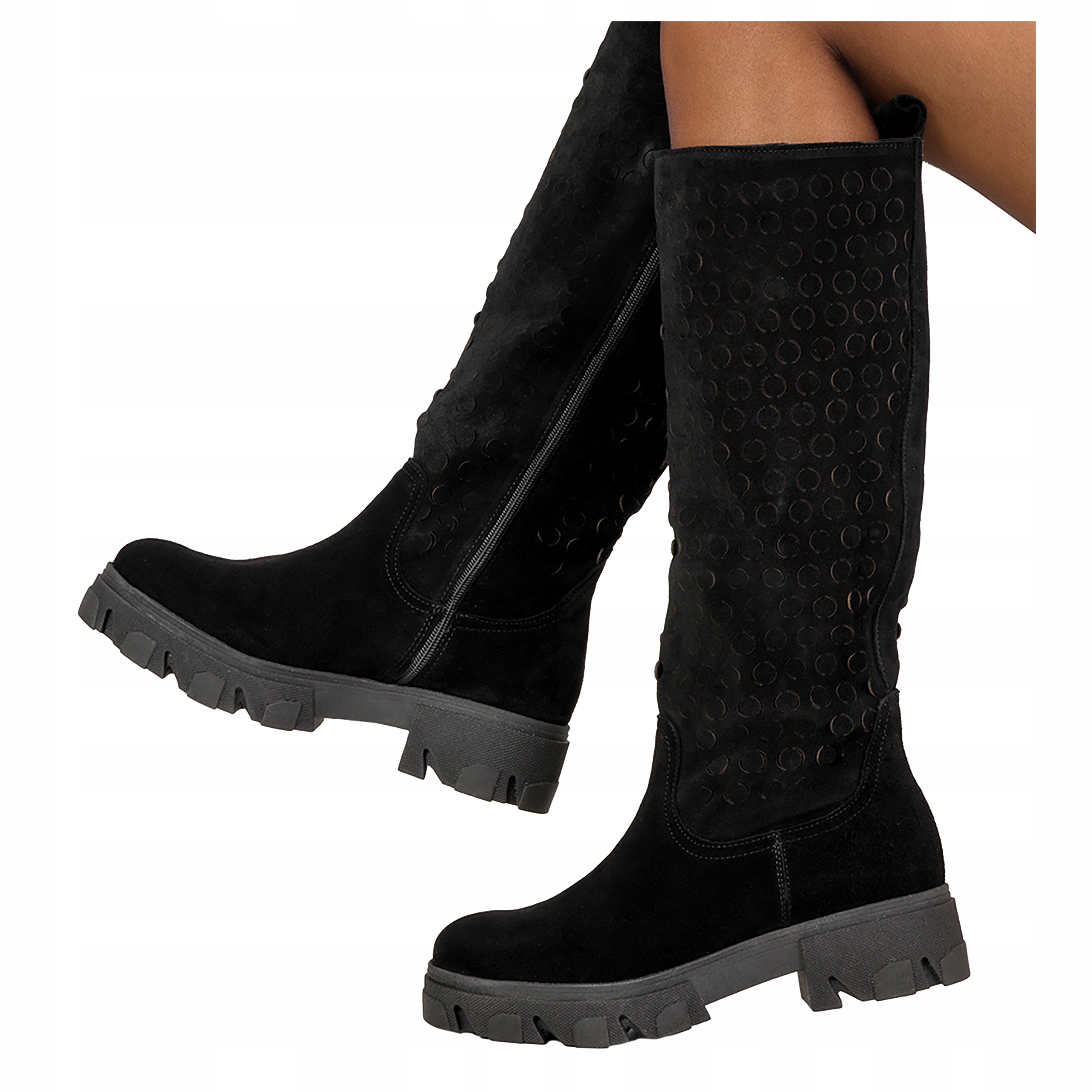 Kožené Kozačky Na Platformě, Semišové, Ažurové, Velikost 36