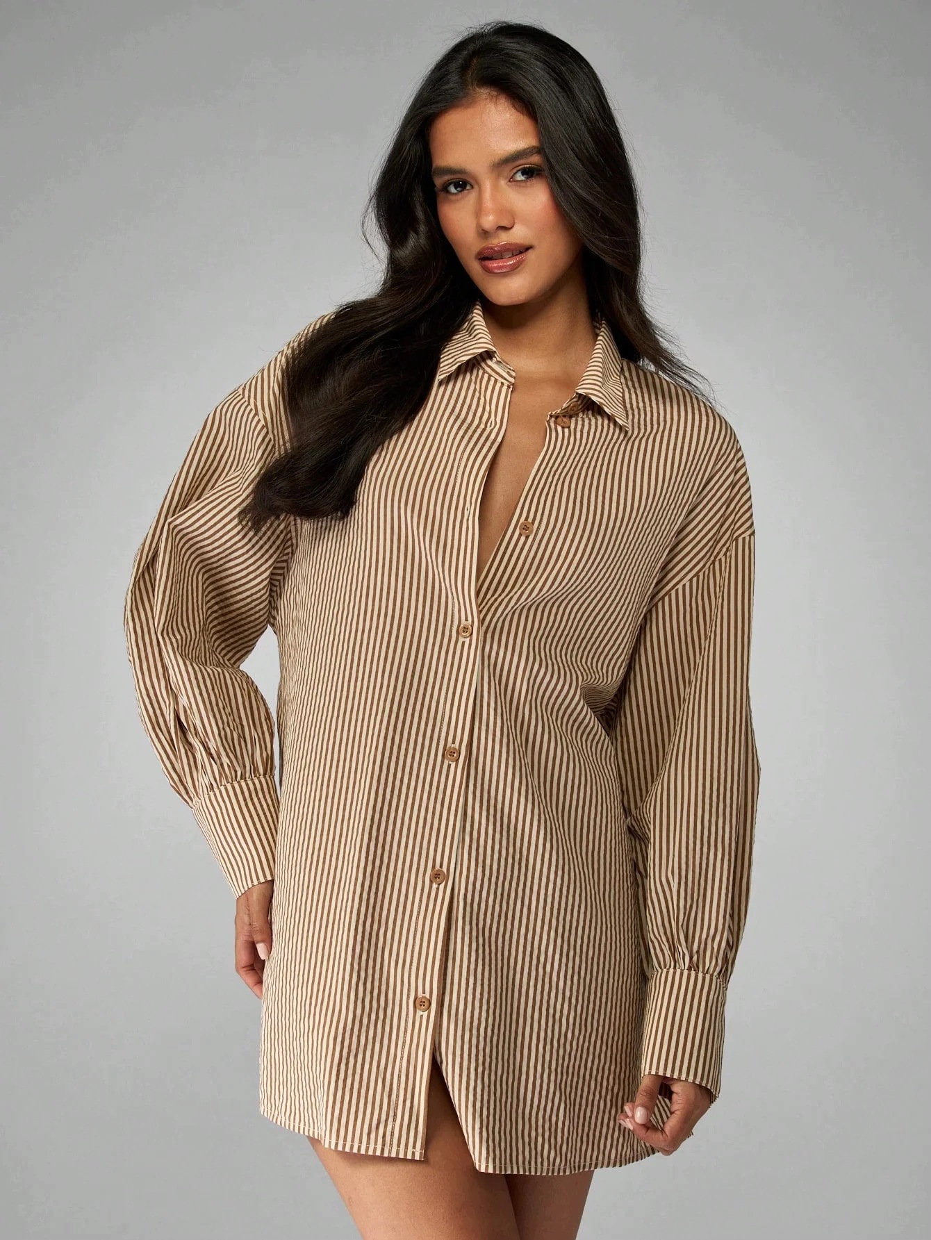 Šaty Mini Béžové S Pruhy A Dlouhým Rukávem Modal Missguided XL 42