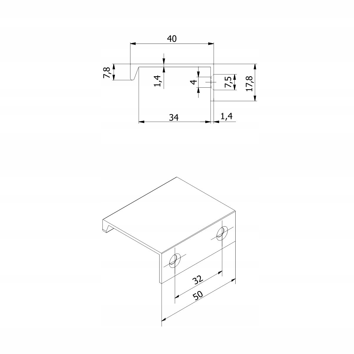 Uchwyt meblowy krawędziowy BIAŁY MAT 50mm Długość 5 cm